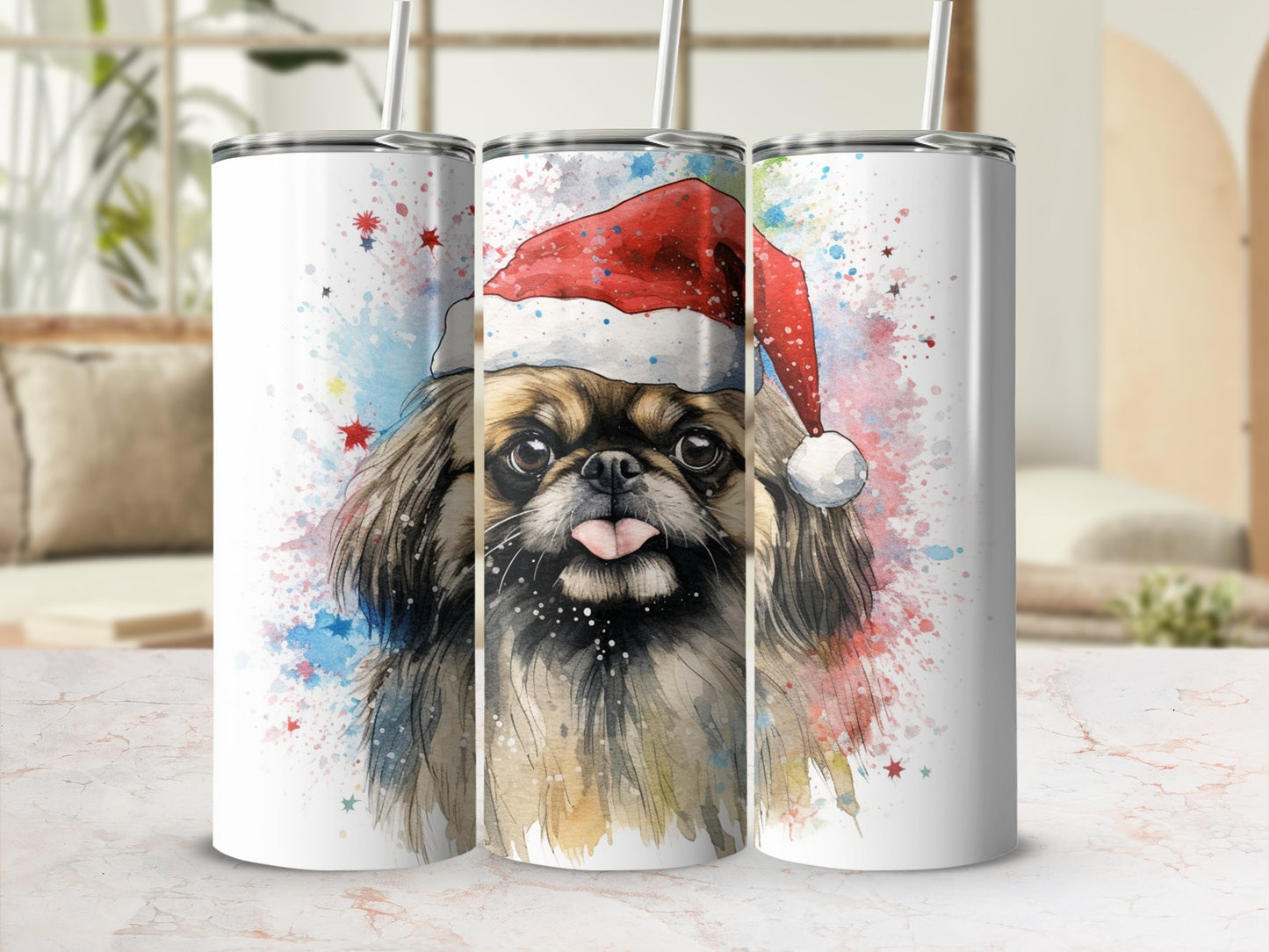 Pekingese dog in Santa hat with tongue out, on a tumbler.