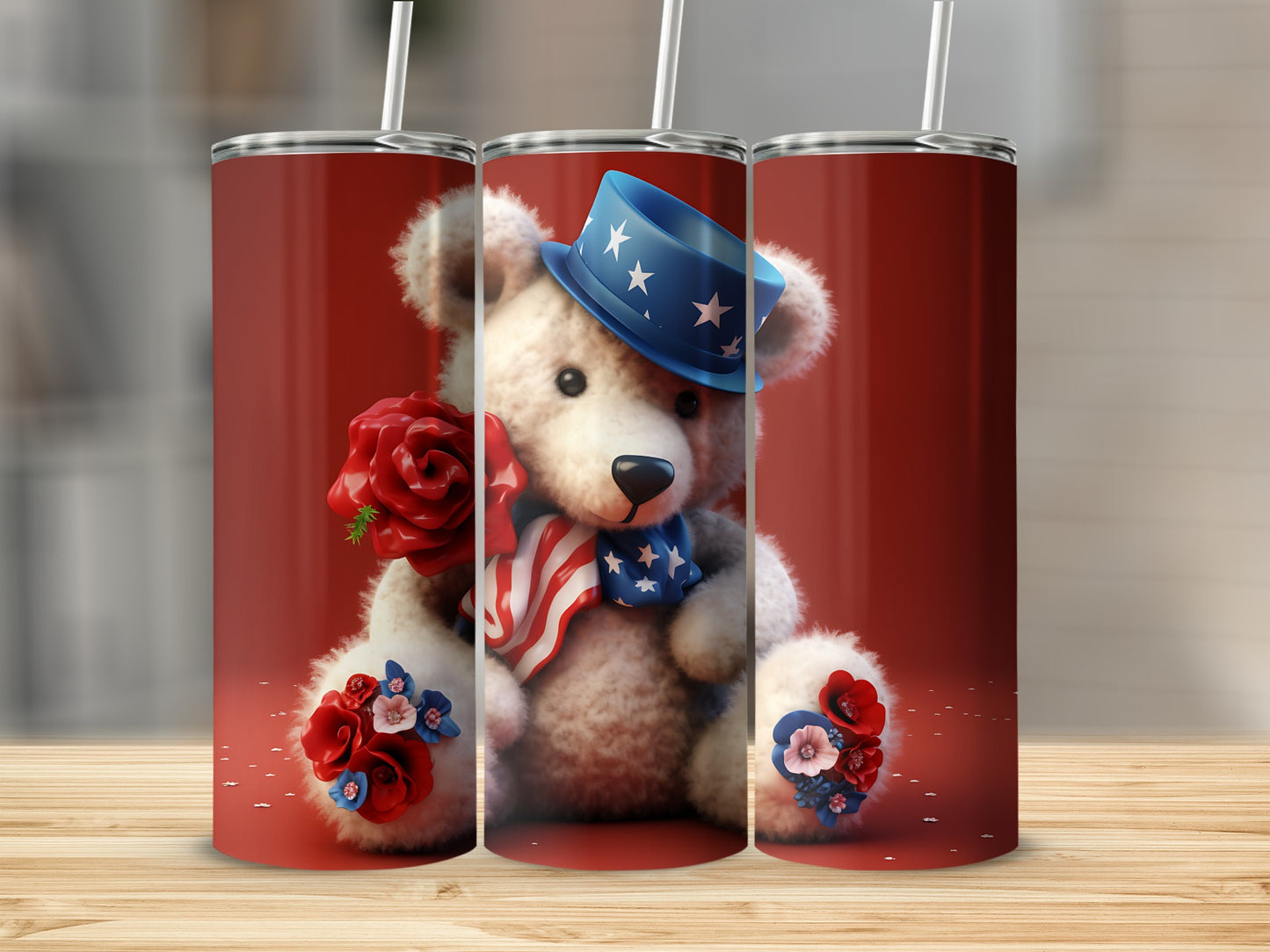 Teddy bear in patriotic hat and scarf holding flowers, on red background.