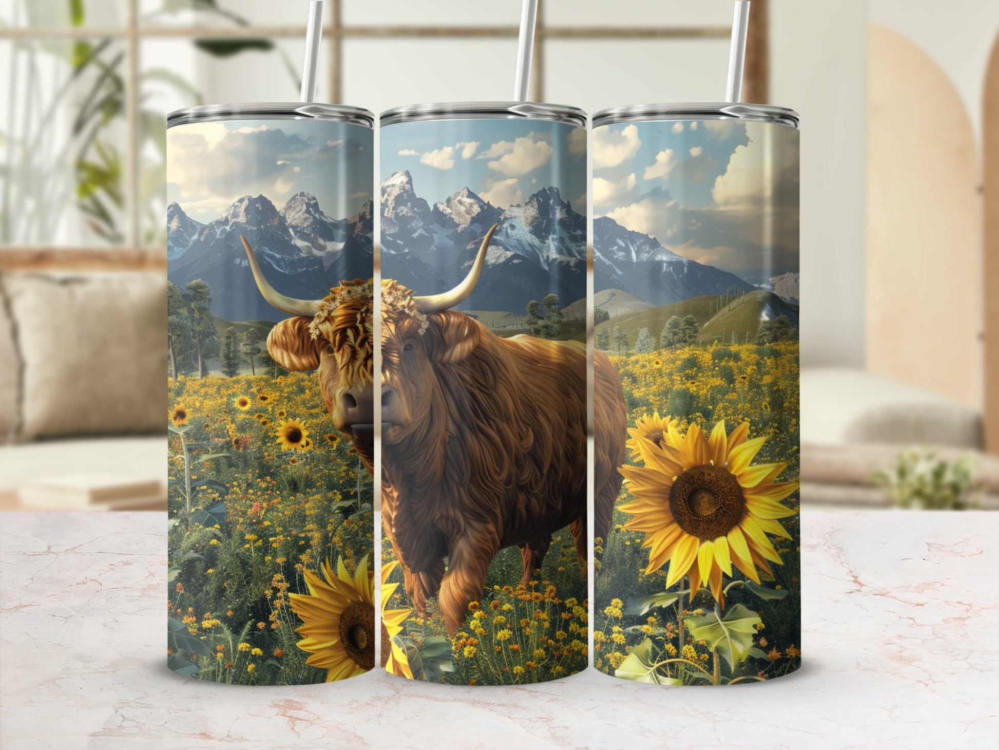 Highland cow in a sunflower field with mountains.