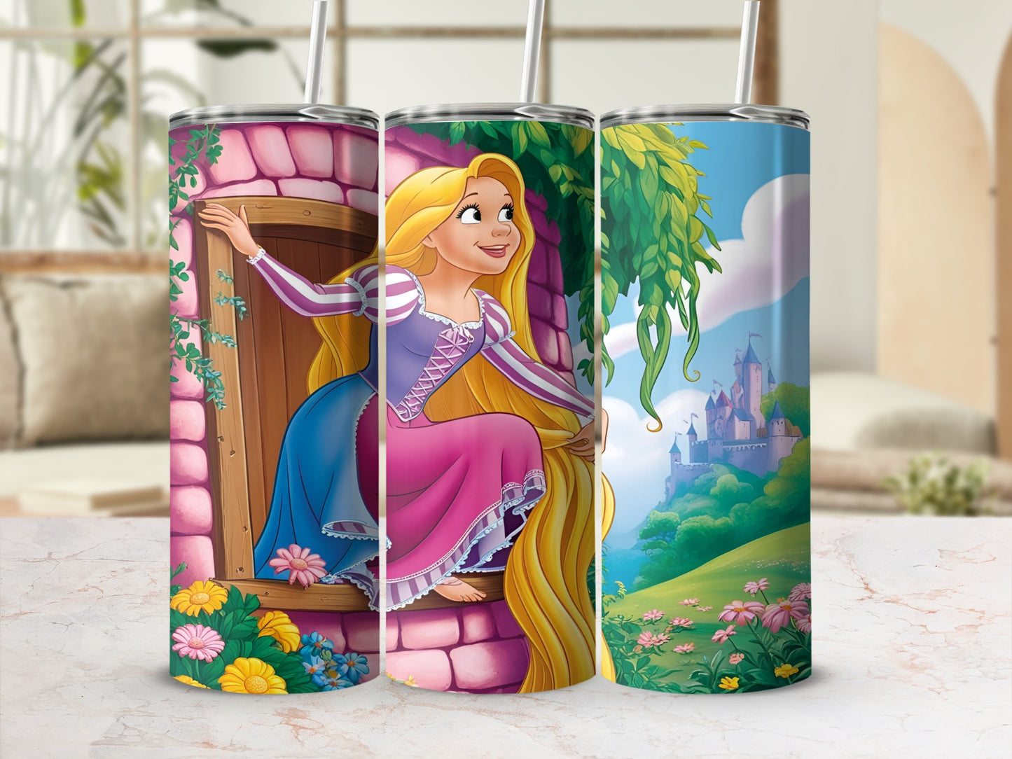 Rapunzel in a tower window with long blonde hair, smiling.