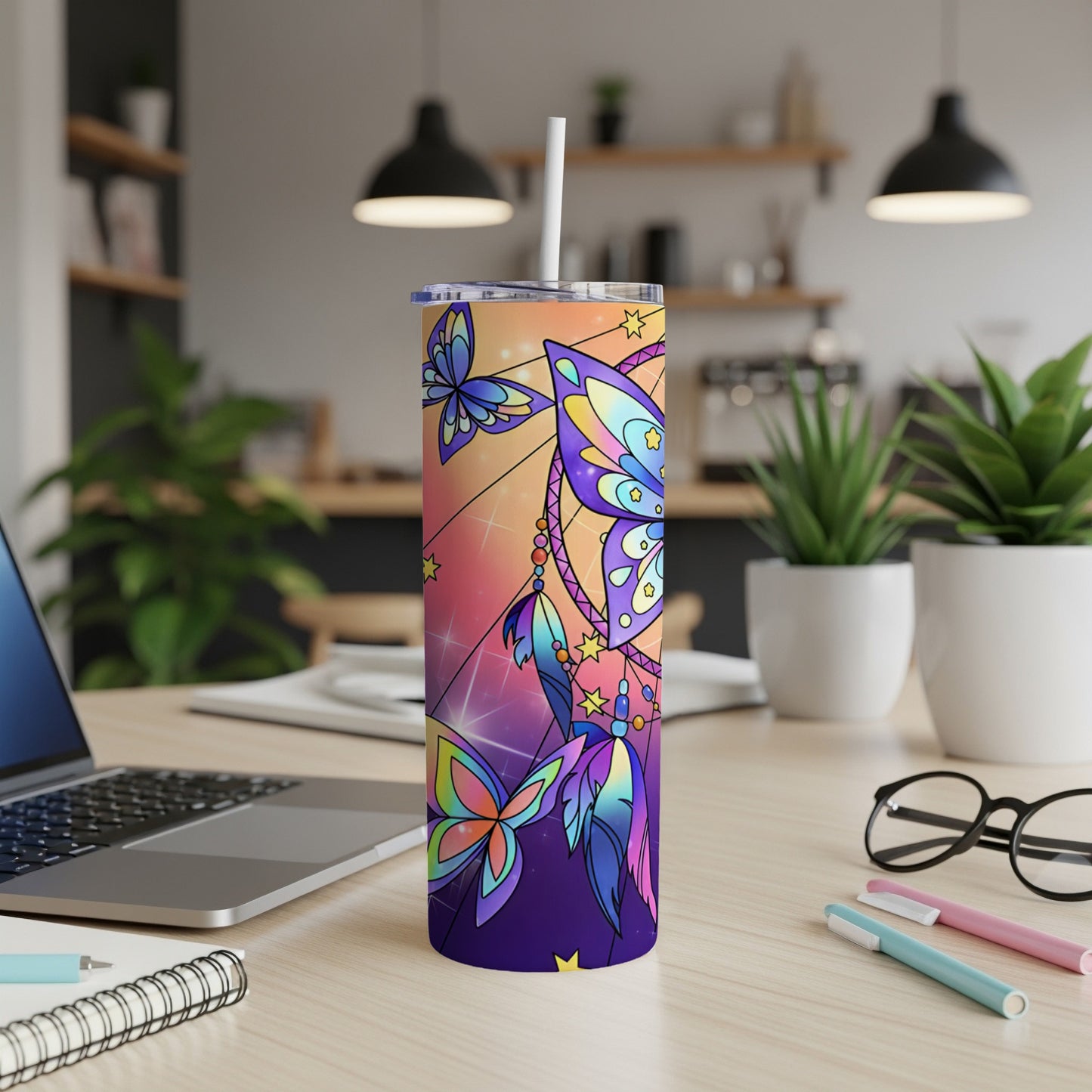 Butterfly and star tumbler with colorful stained glass design.