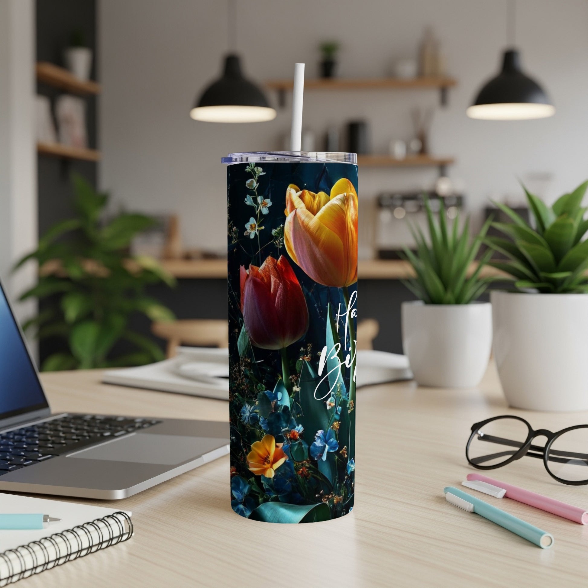 Dark tumbler with red and yellow tulips and "Happy Birthday" text.