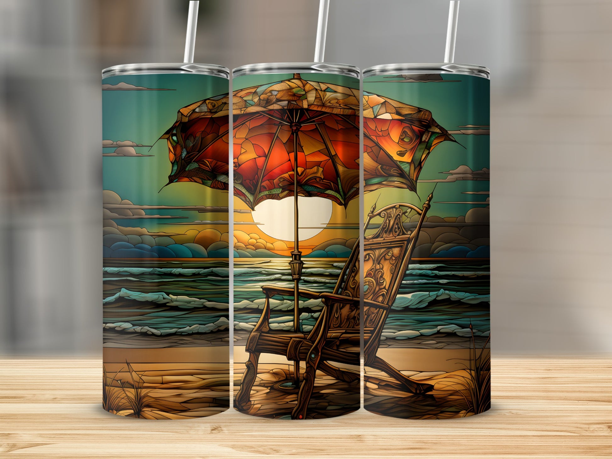 Beach chair and umbrella at sunset, waves and clouds.
