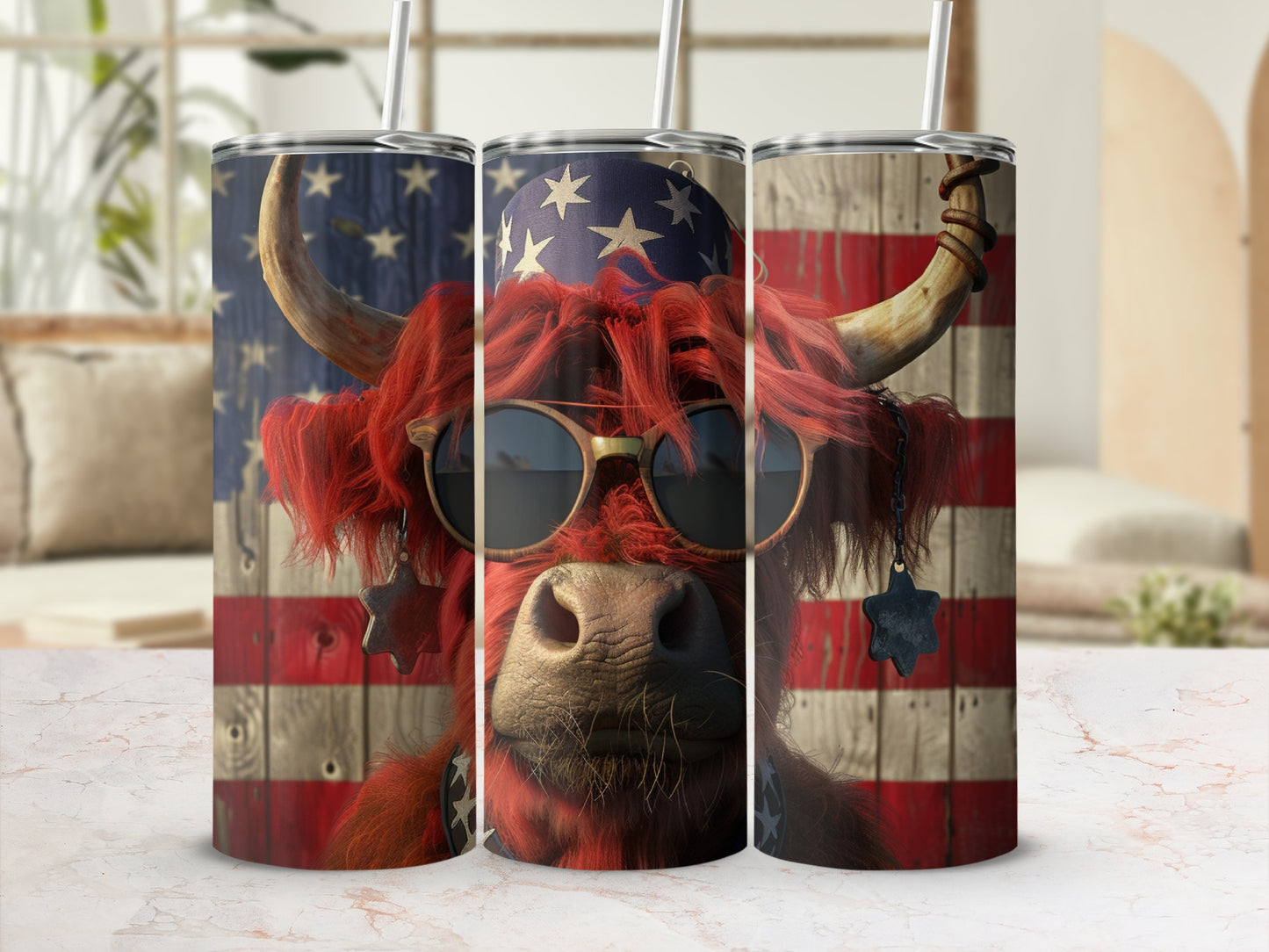 Highland cow wearing sunglasses and a hat against a rustic wooden American flag background.