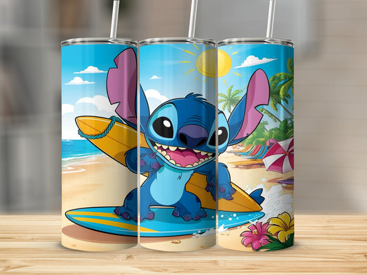 Stitch surfing on a yellow surfboard on a beach with palm trees and lounge chairs.