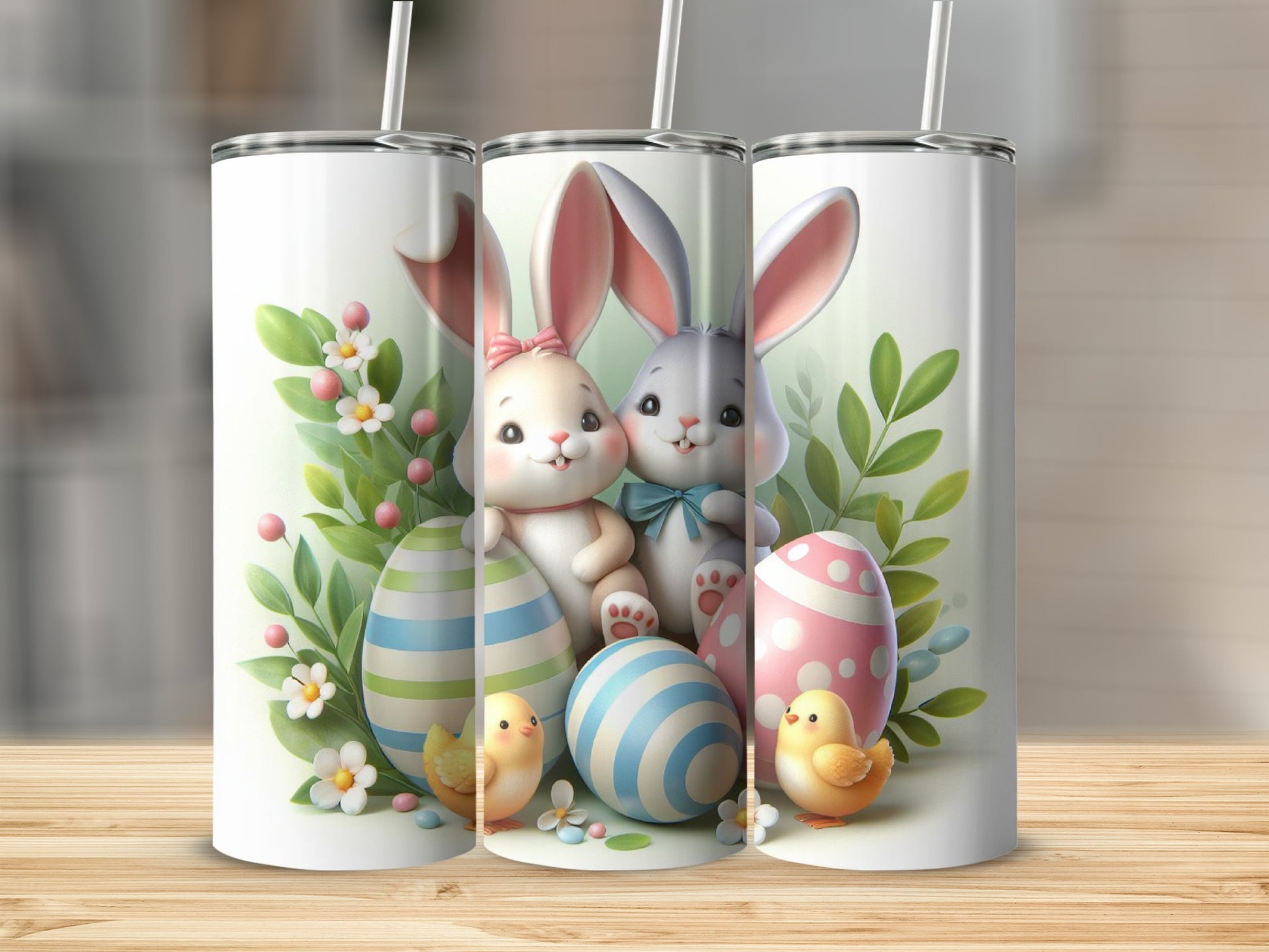 Three tumblers with Easter bunnies, chicks, and eggs design.