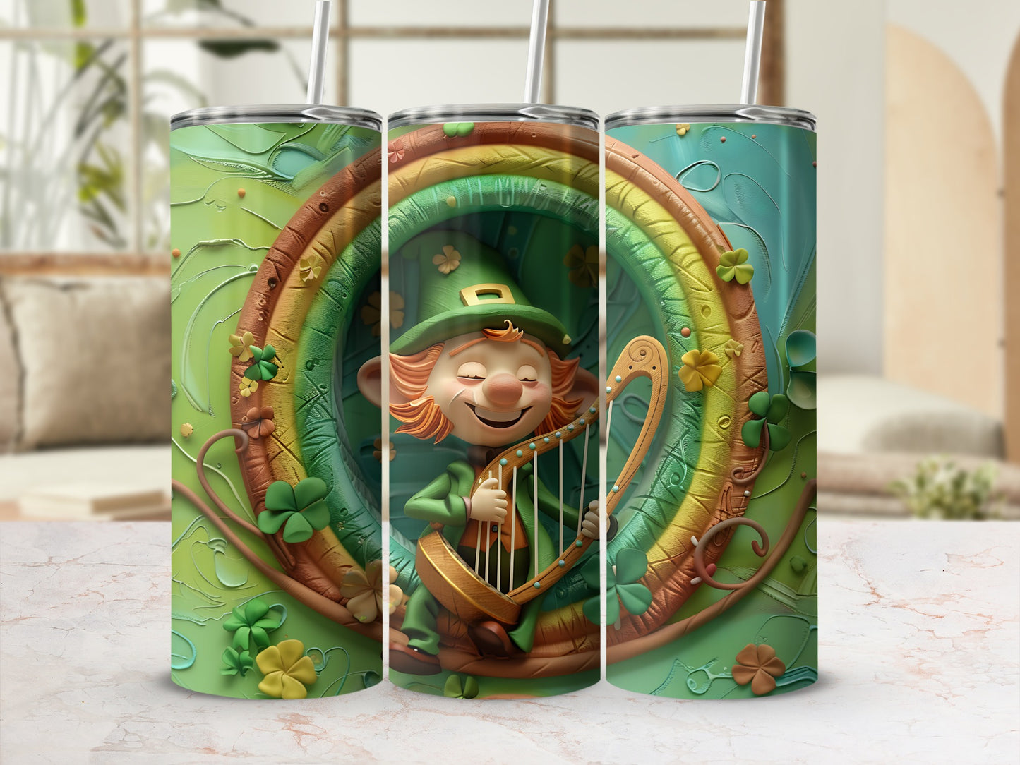 Leprechaun playing a harp with a rainbow and shamrocks on a tumbler.