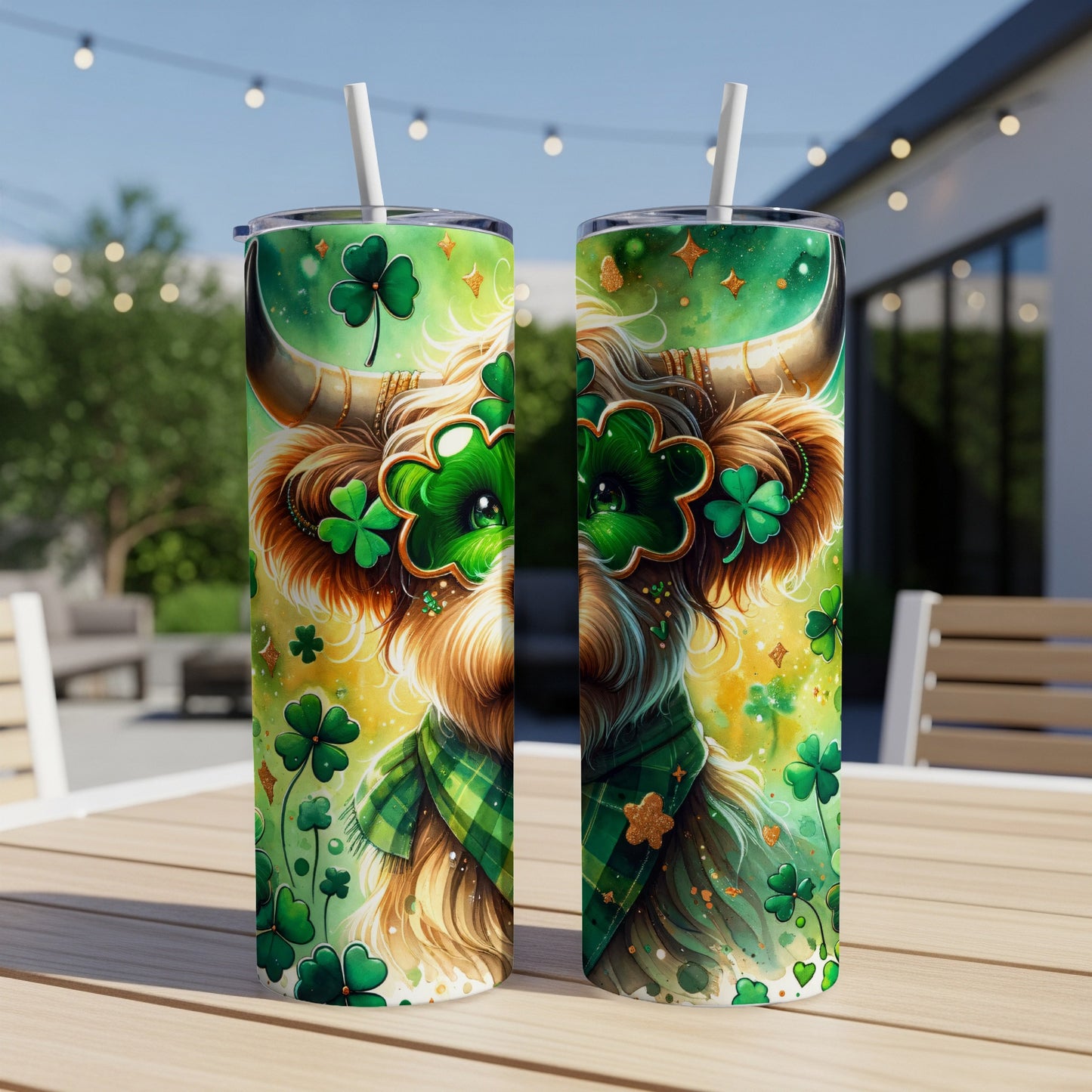 St. Patrick's Day themed tumbler with a cow wearing glasses and shamrocks.