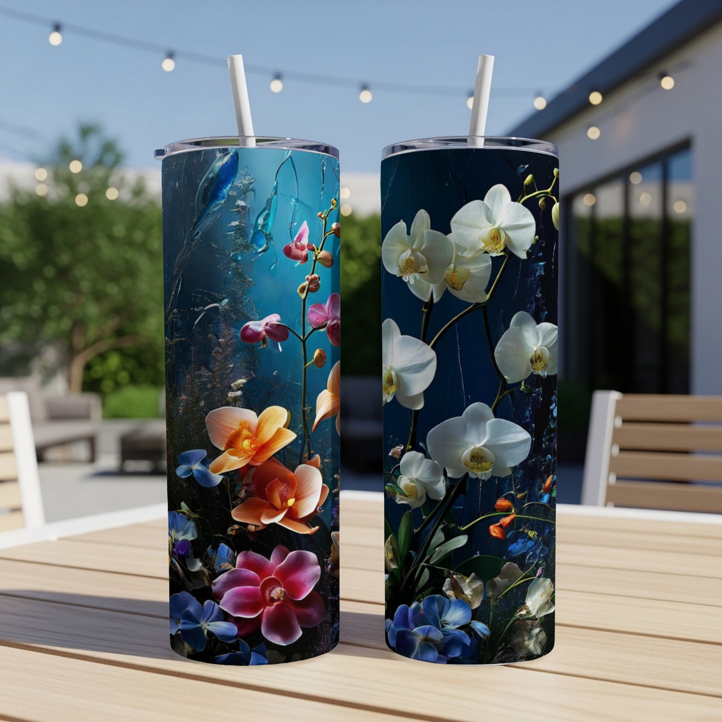 Two tall tumblers with floral and butterfly designs on a wooden table.