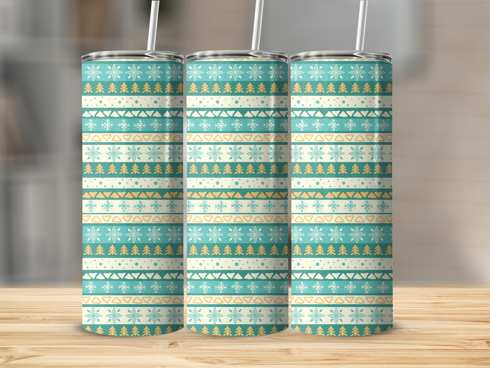 Festive Snowflakes and Trees Pattern Tumbler Design