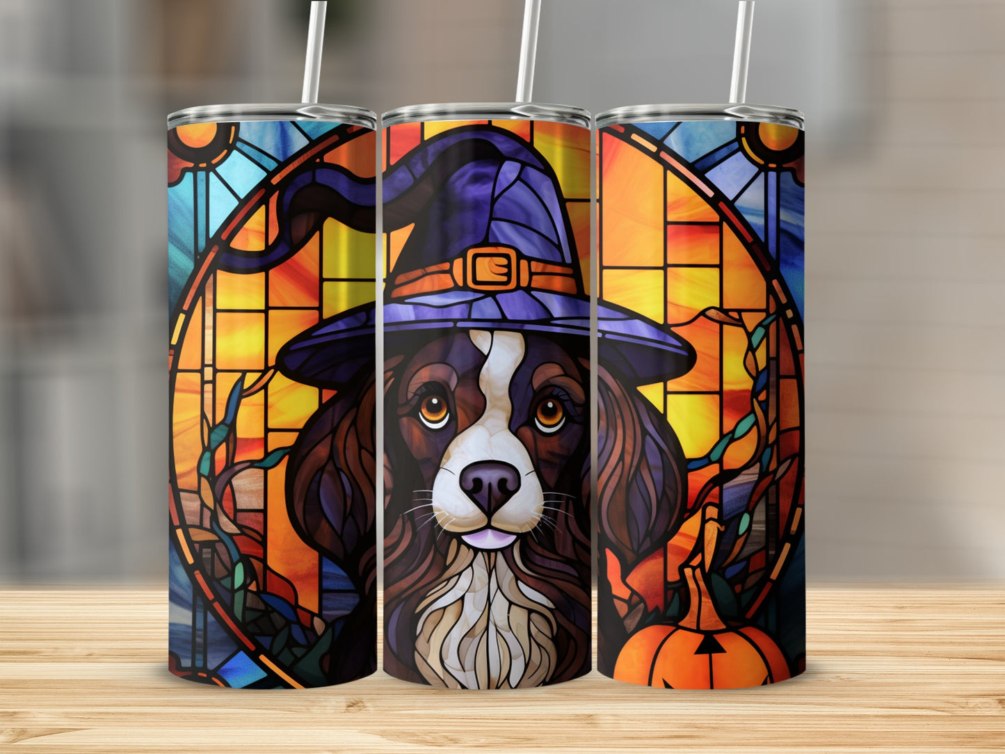 Dog in witch hat with stained glass background and pumpkin.