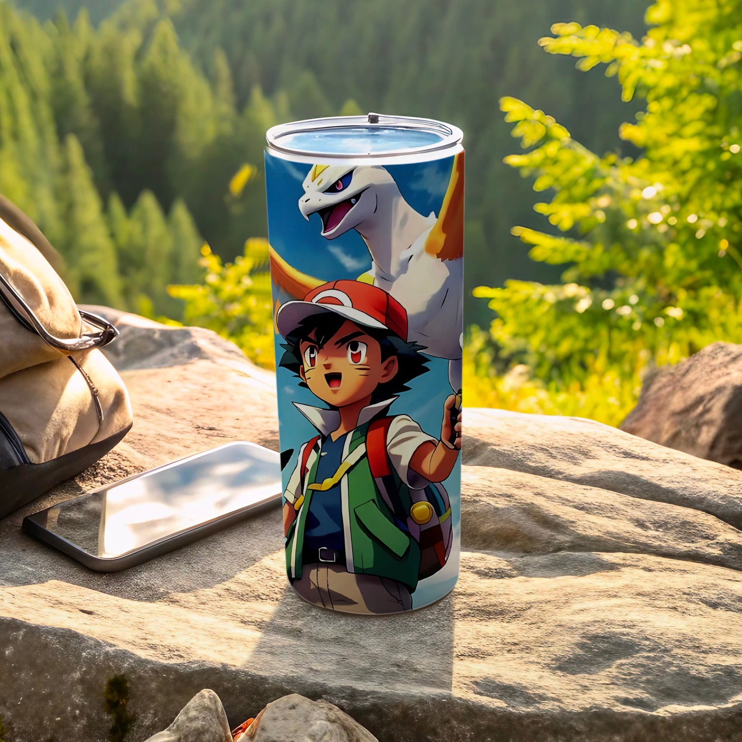 Ash and Lugia Tumbler with Vibrant Outdoor Scene