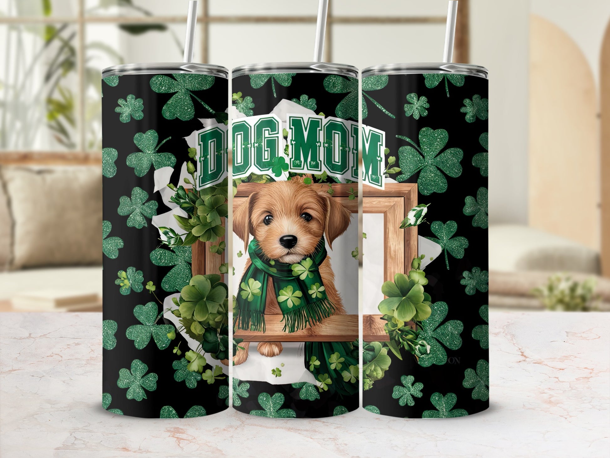 "Dog Mom" tumbler featuring a puppy in a scarf surrounded by shamrocks.