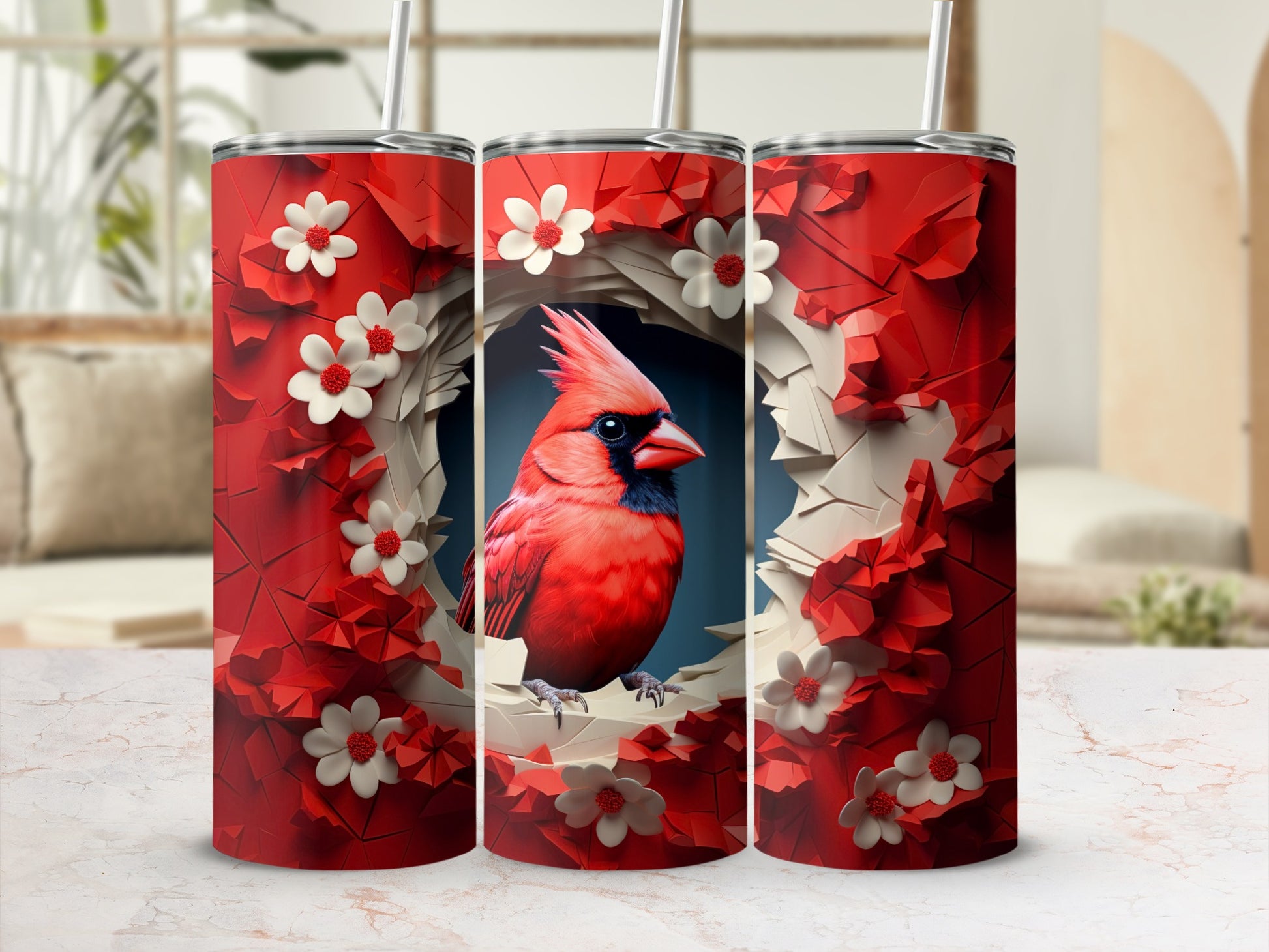 Vibrant Red Cardinal White Flower Tumbler Design product type
Red Cardinal, Cardinal Bird, White Flowers, Geometric Art, Faceted Design, Red White, Nature Inspired, Bird Lover, Songbird Art, Wildlife Design, Vibrant Colors, Floral Pattern, Abstract Style, Unique Tumbler, Drinkware Decor, Digital Artwork, Spring Theme, Garden Bird, Scarlet Plumage, Blossom Motif