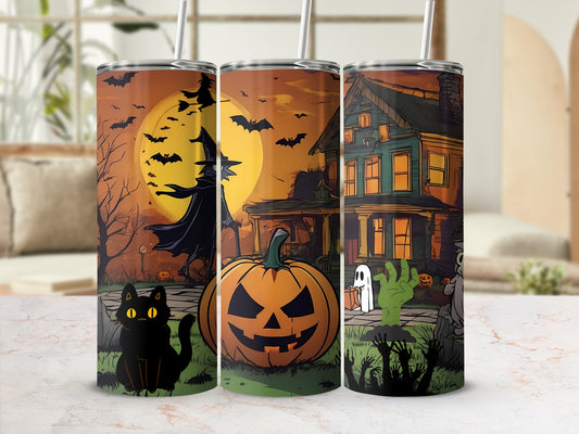 Halloween tumblers with black cat, witch, jack-o'-lantern, haunted house, ghost, and zombie.