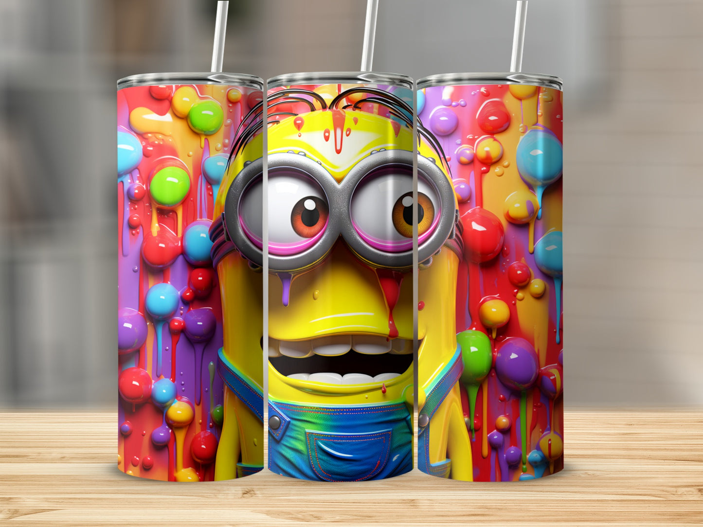 Colorful Cartoon Character Tumbler with Dripping Paint Design