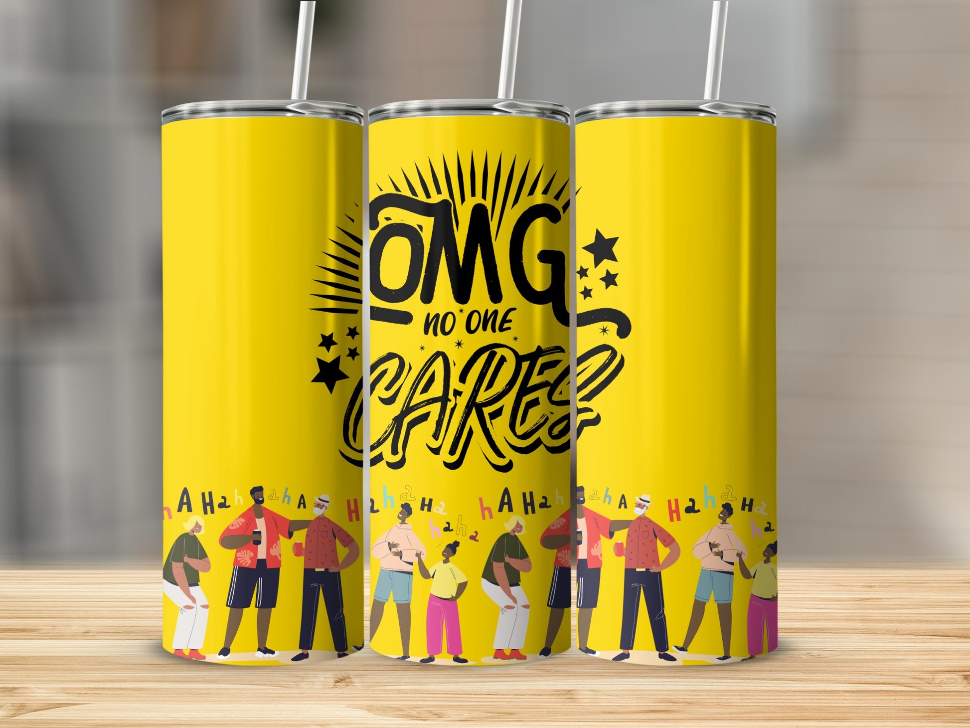 OMG No One Cares Yellow Tumbler Cup with Straws Flask