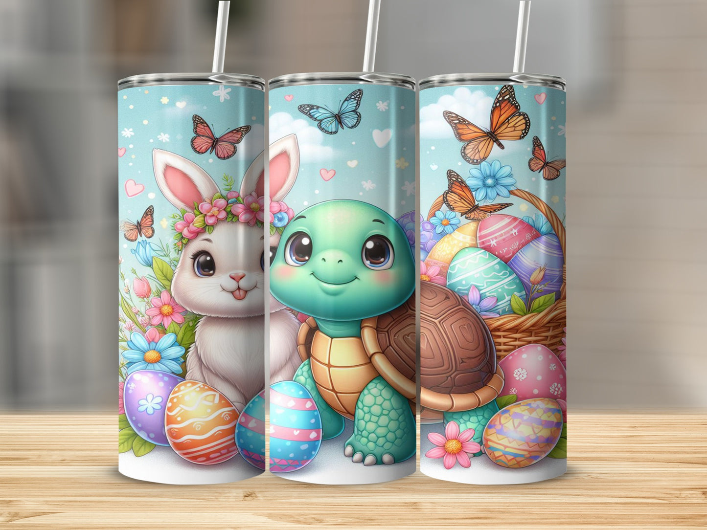 Easter bunny, turtle, and decorated eggs with butterflies, presented on a wooden surface.