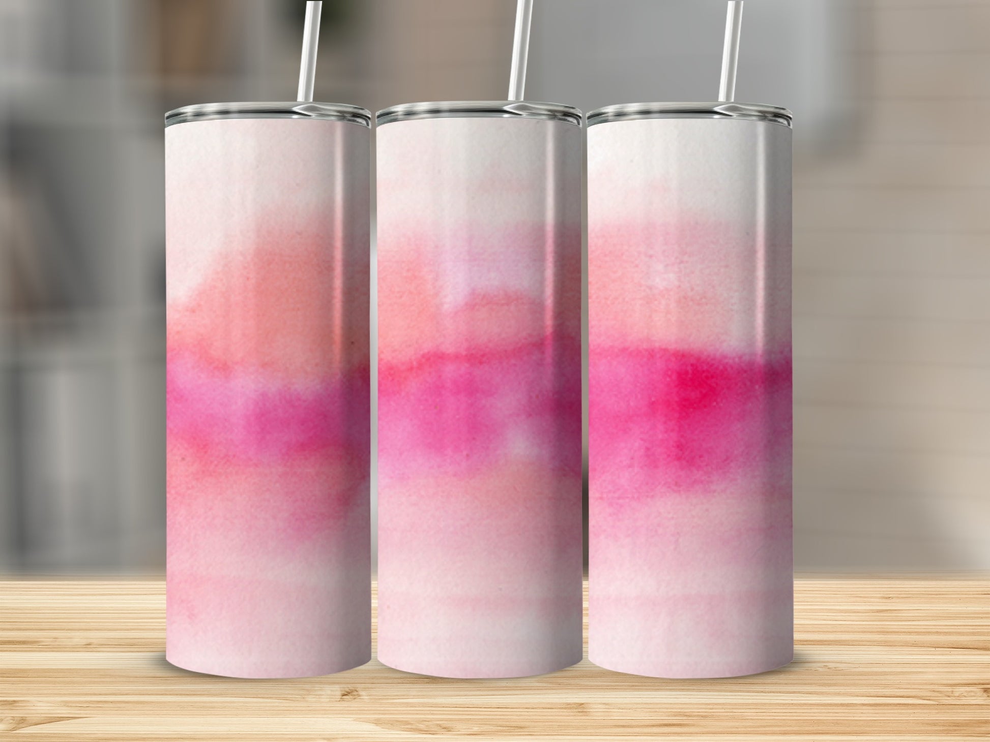 Three tumblers with pink and white watercolor abstract design.