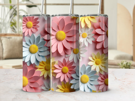 Three tumblers featuring pastel floral patterns with yellow centers.