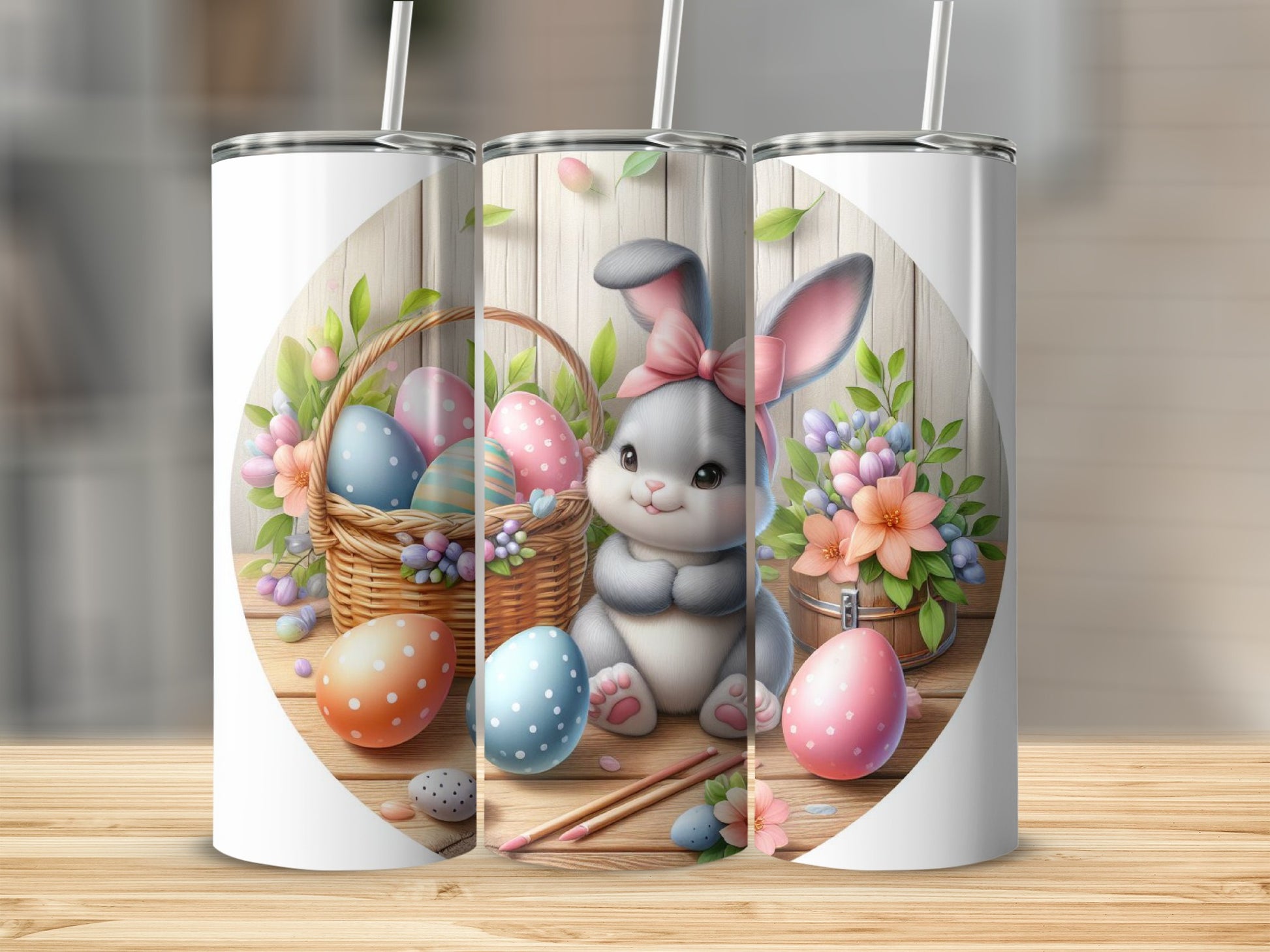 Easter bunny holding basket of colorful eggs with flowers and wood background.