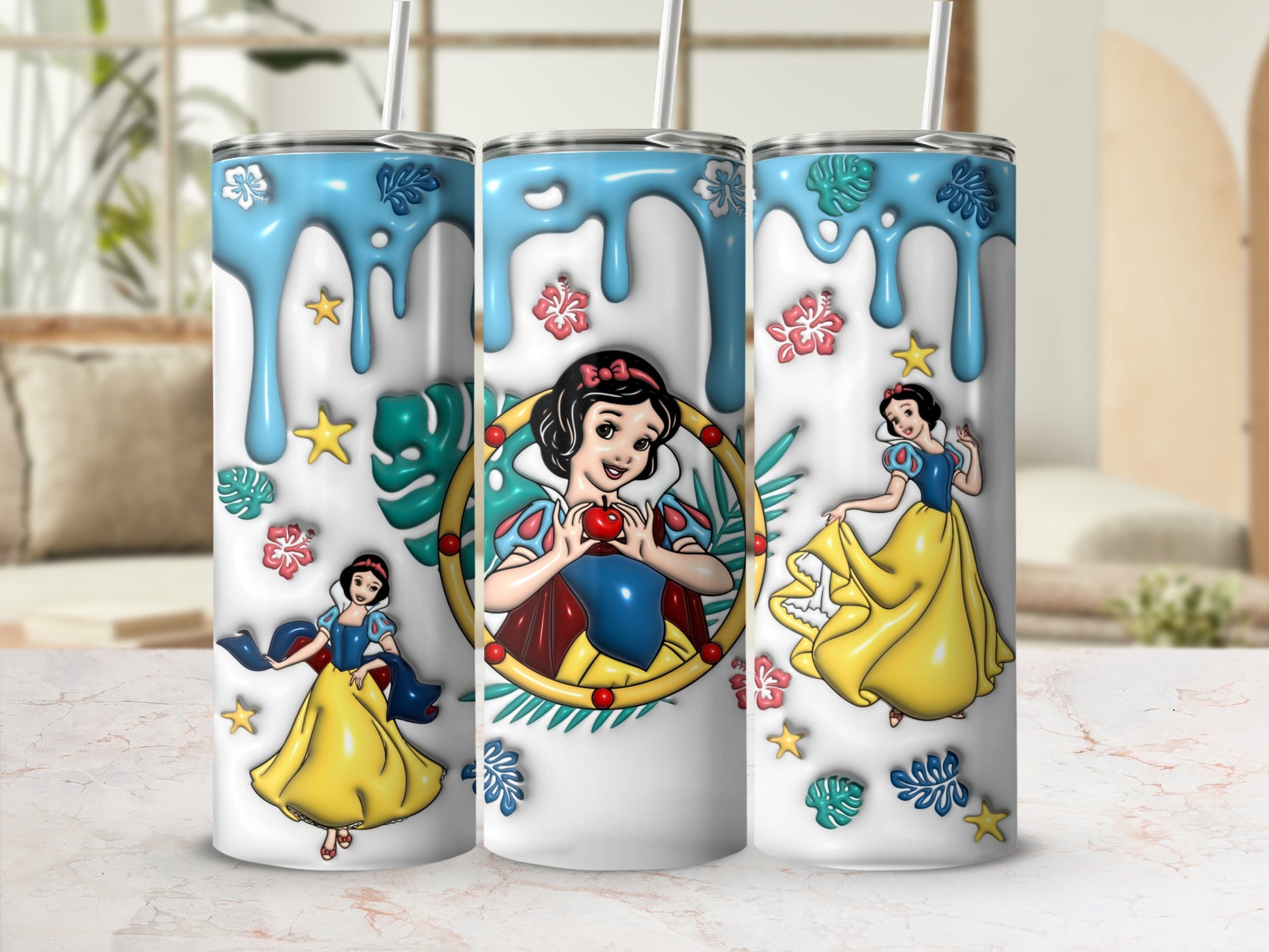 Snow White tumbler with dripping blue icing and character art.