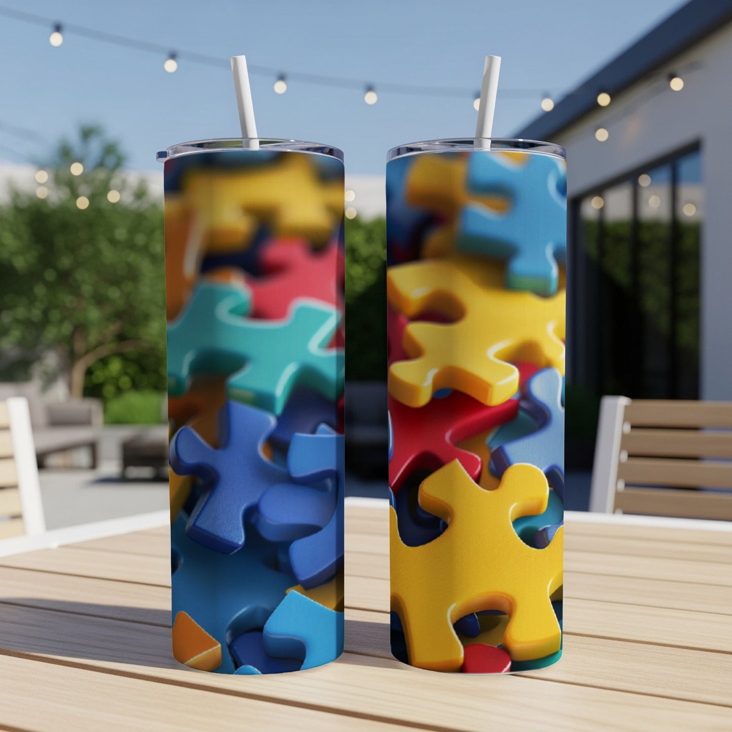 Two colorful puzzle piece tumblers with straws on a table outdoors.