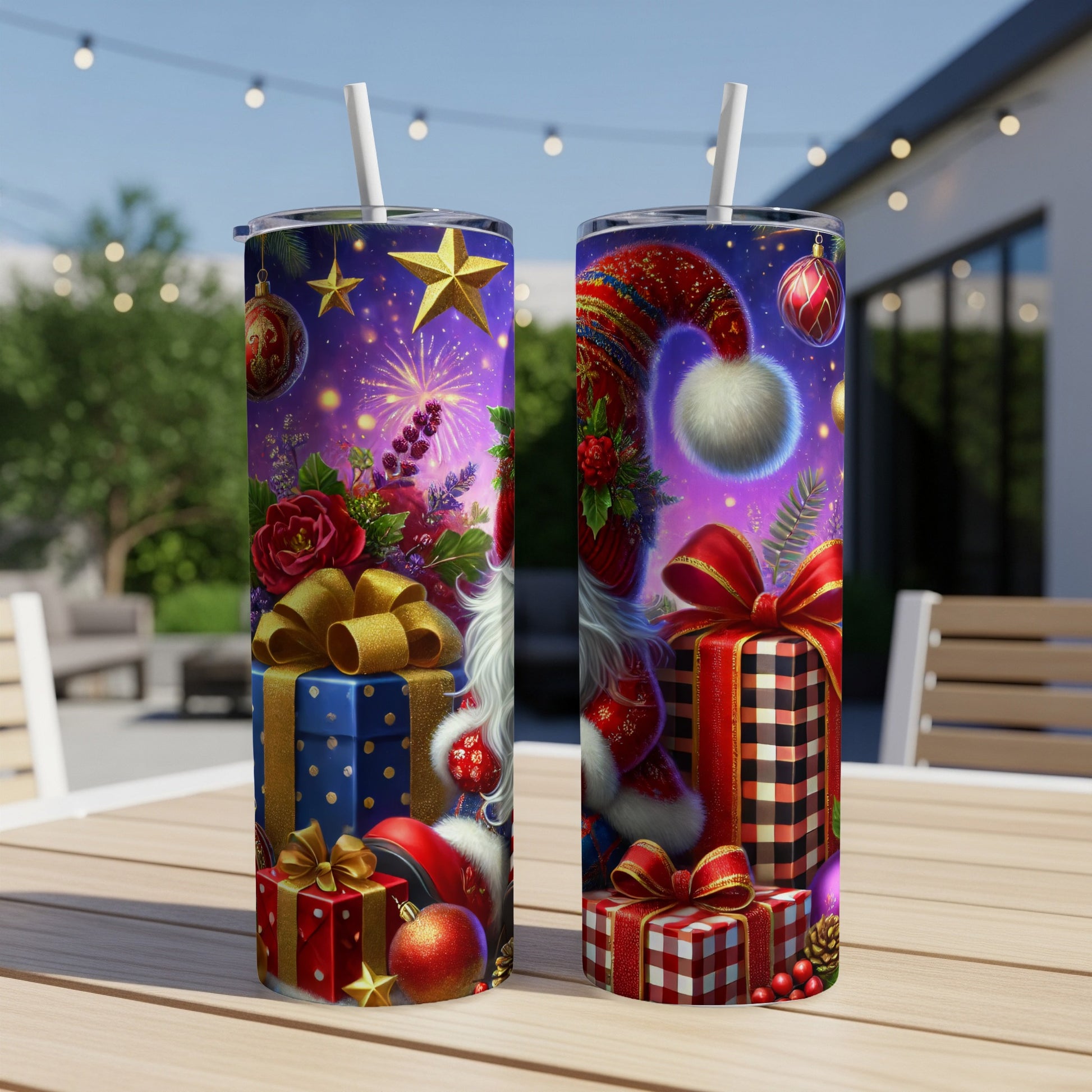 Two Christmas-themed tumblers with gnomes and gifts on a table.