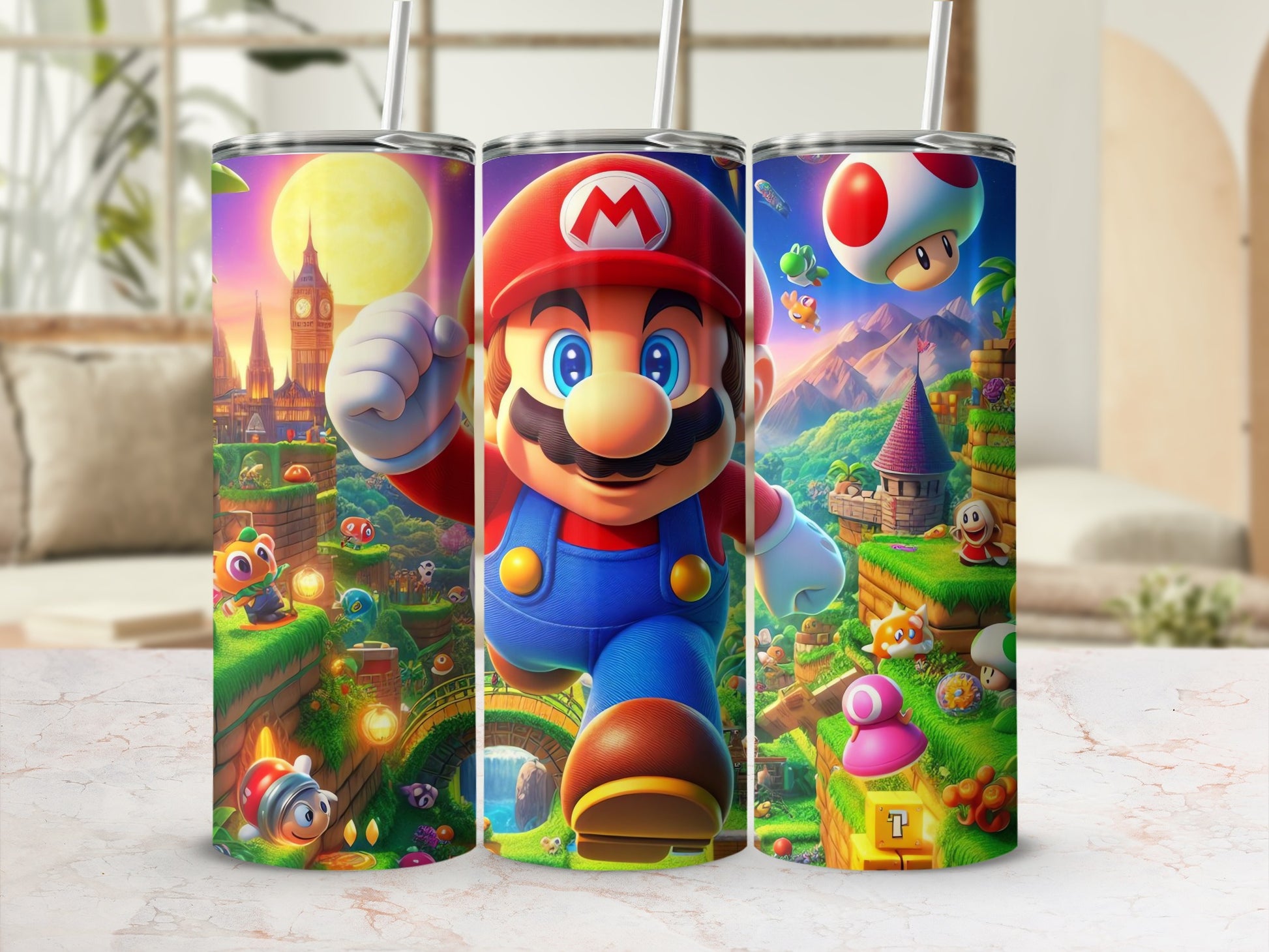 Vibrant Super Mario Tumbler with Iconic Characters Design