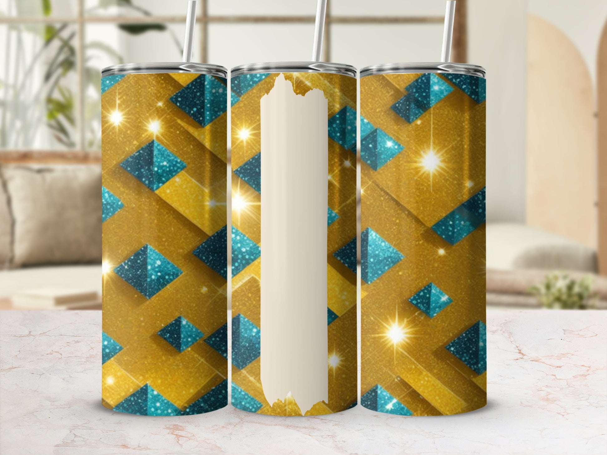 Gold and blue glitter patterned tumbler with straw, presented three ways.