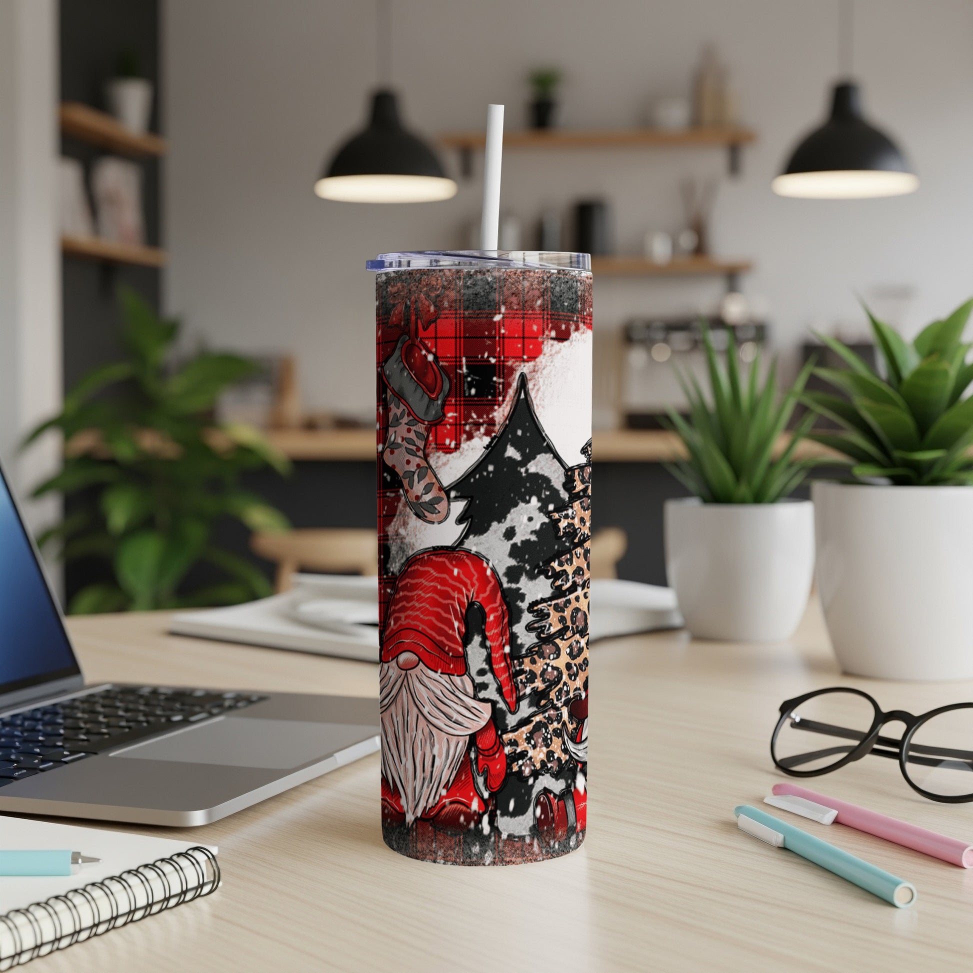Red gnome and buffalo plaid tumbler with white tree and leopard print.