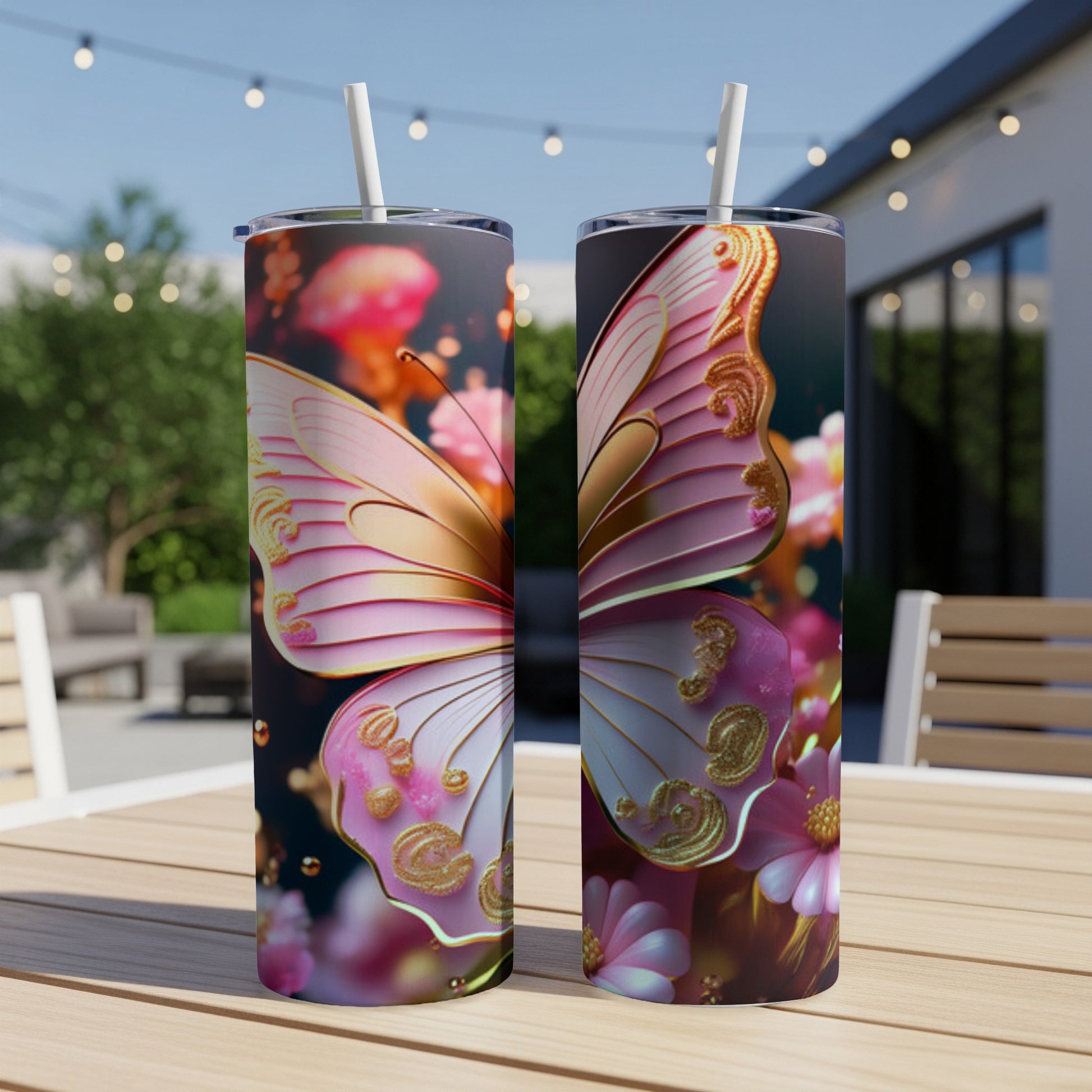 Pink and gold butterfly design on a tall tumbler with a straw.