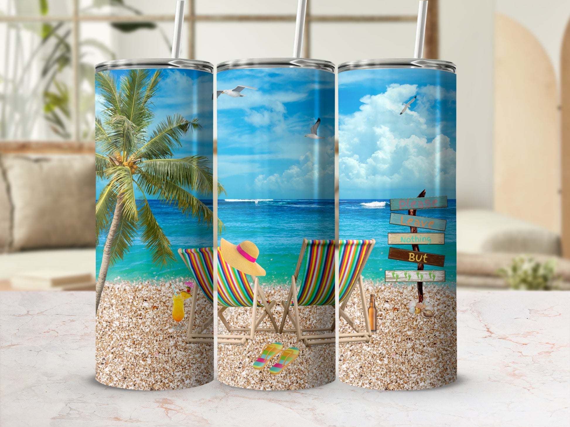 Beach scene tumbler with lounge chairs, straw hat, and flip-flops.