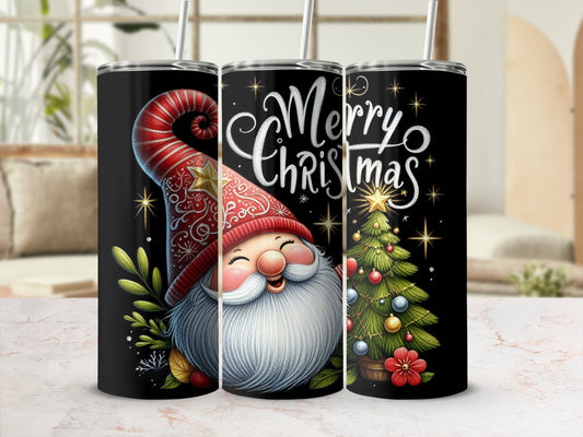 Black tumbler with Santa, Christmas tree, and "Merry Christmas" text.