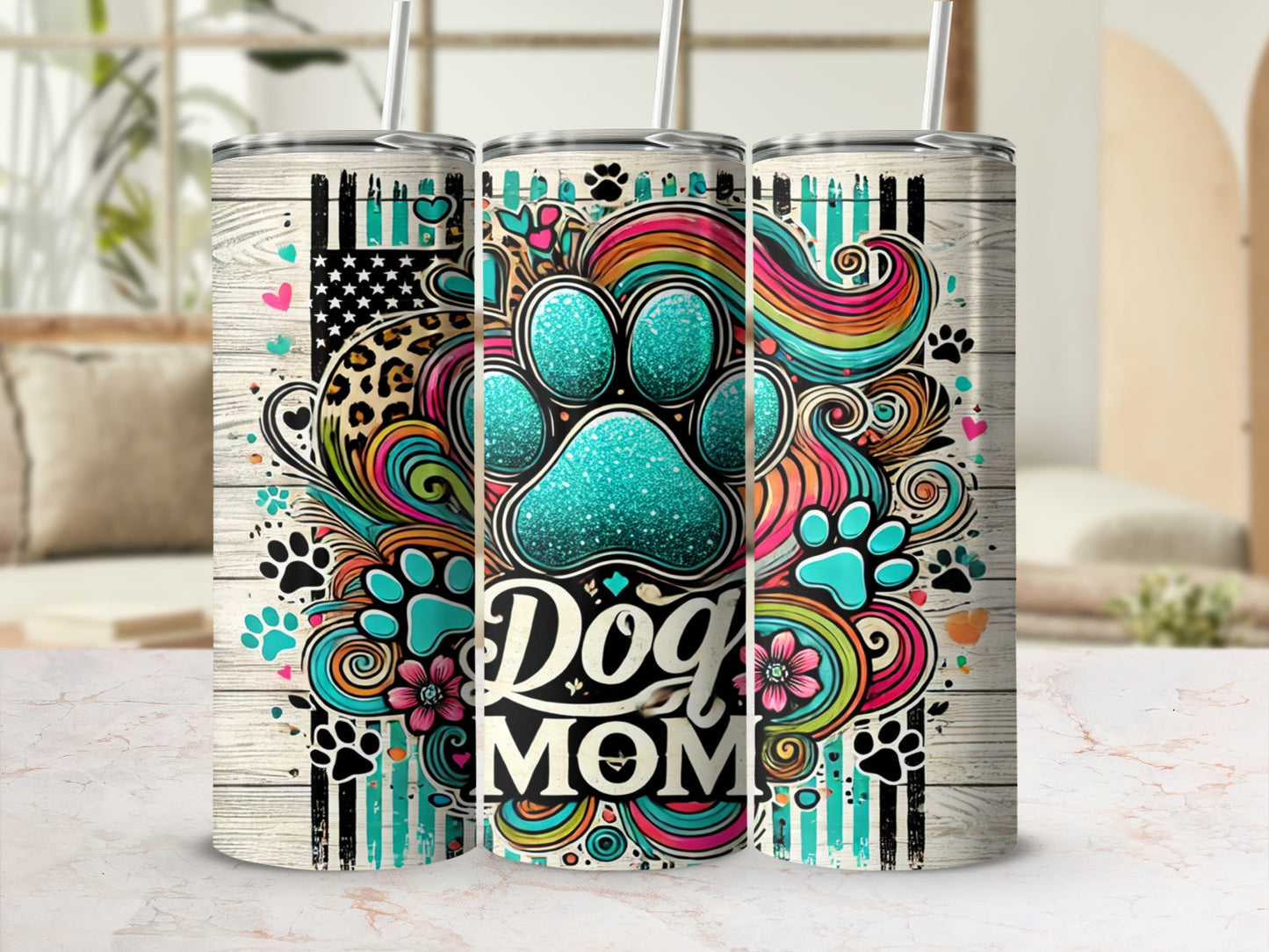 Colorful Dog Mom Paw Print Design Tumbler Cup