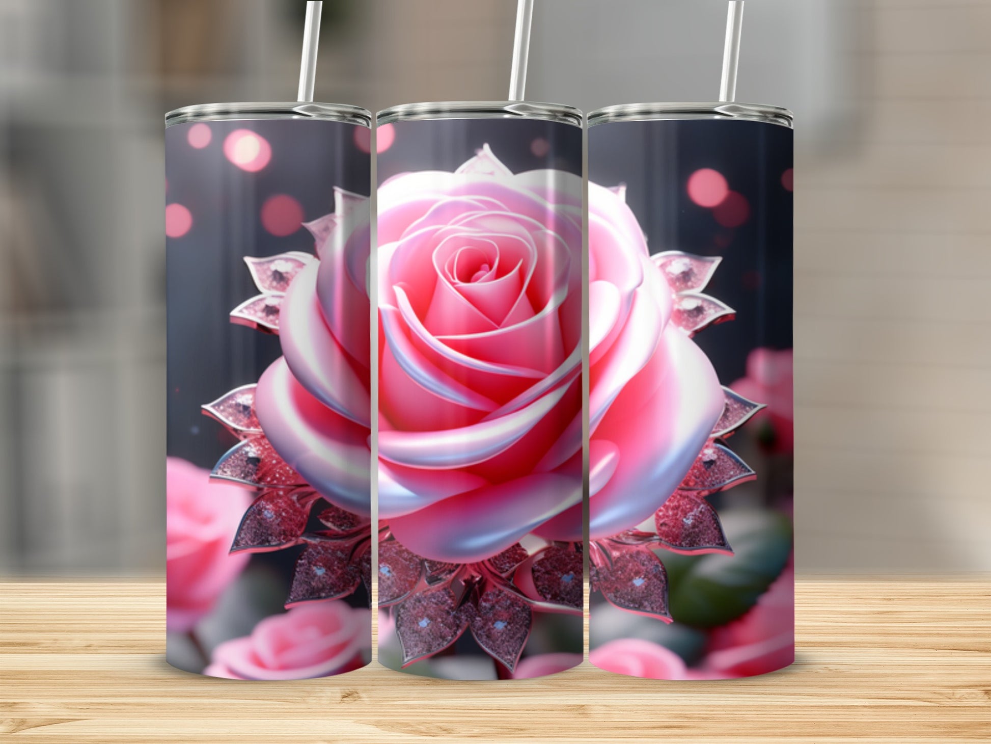 Pink rose tumbler with glitter accents and bokeh background.