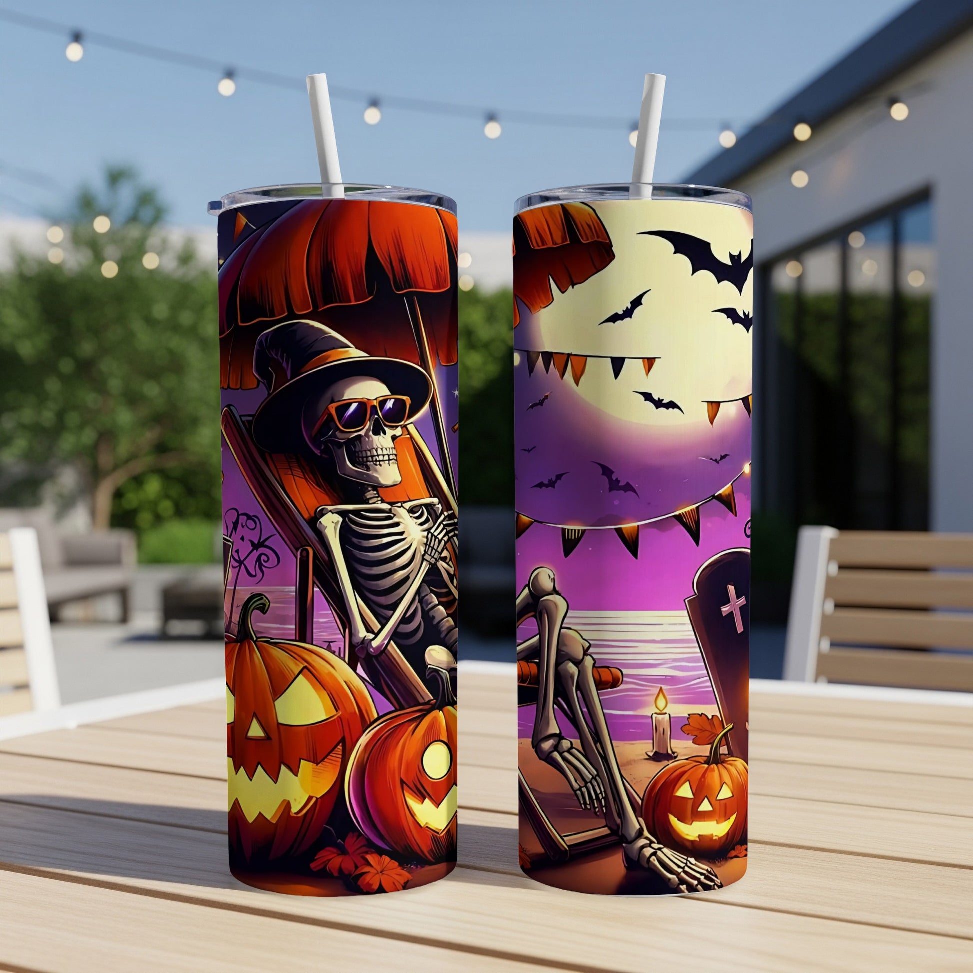 Halloween tumblers with skeletons, pumpkins, bats, and a full moon scene.