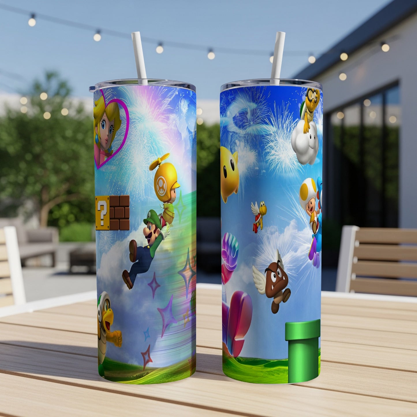 Mario, Luigi, Peach, and Yoshi characters on a blue tumbler with stars and clouds.