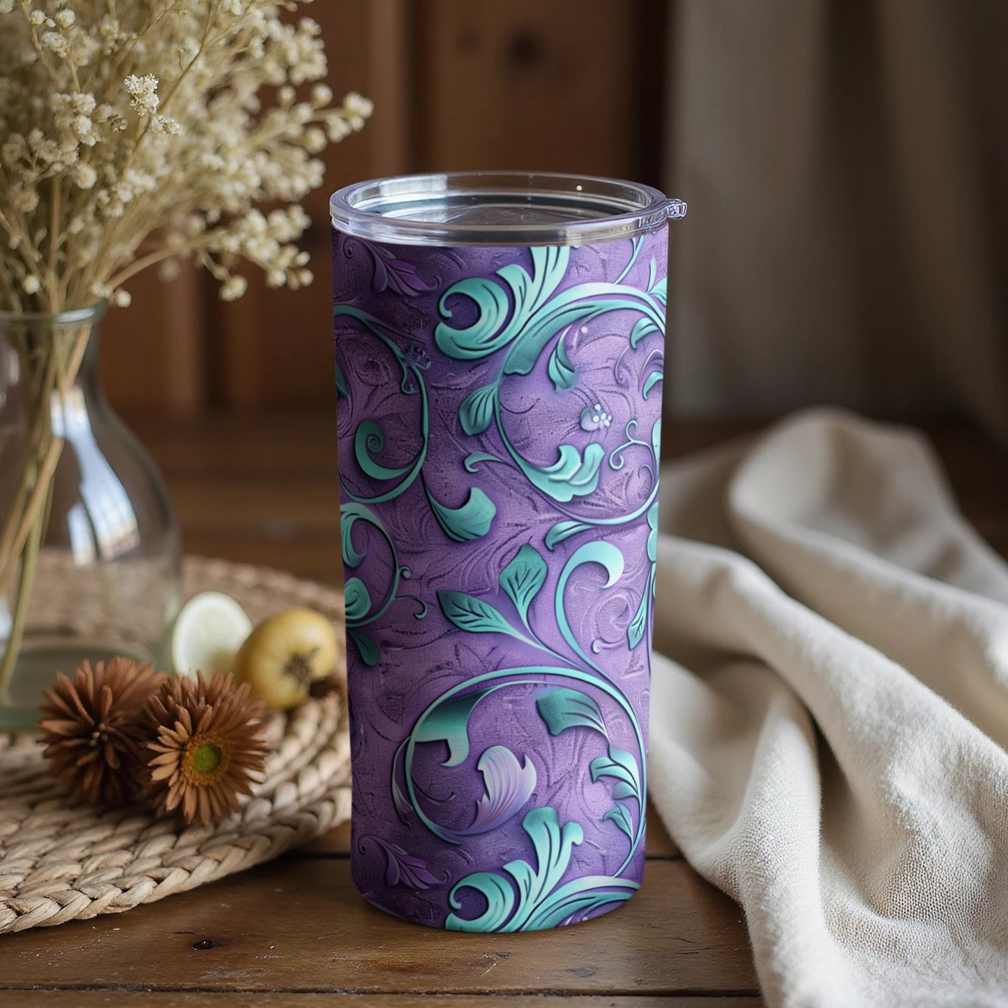 Purple and Turquoise Floral Patterned Tumbler