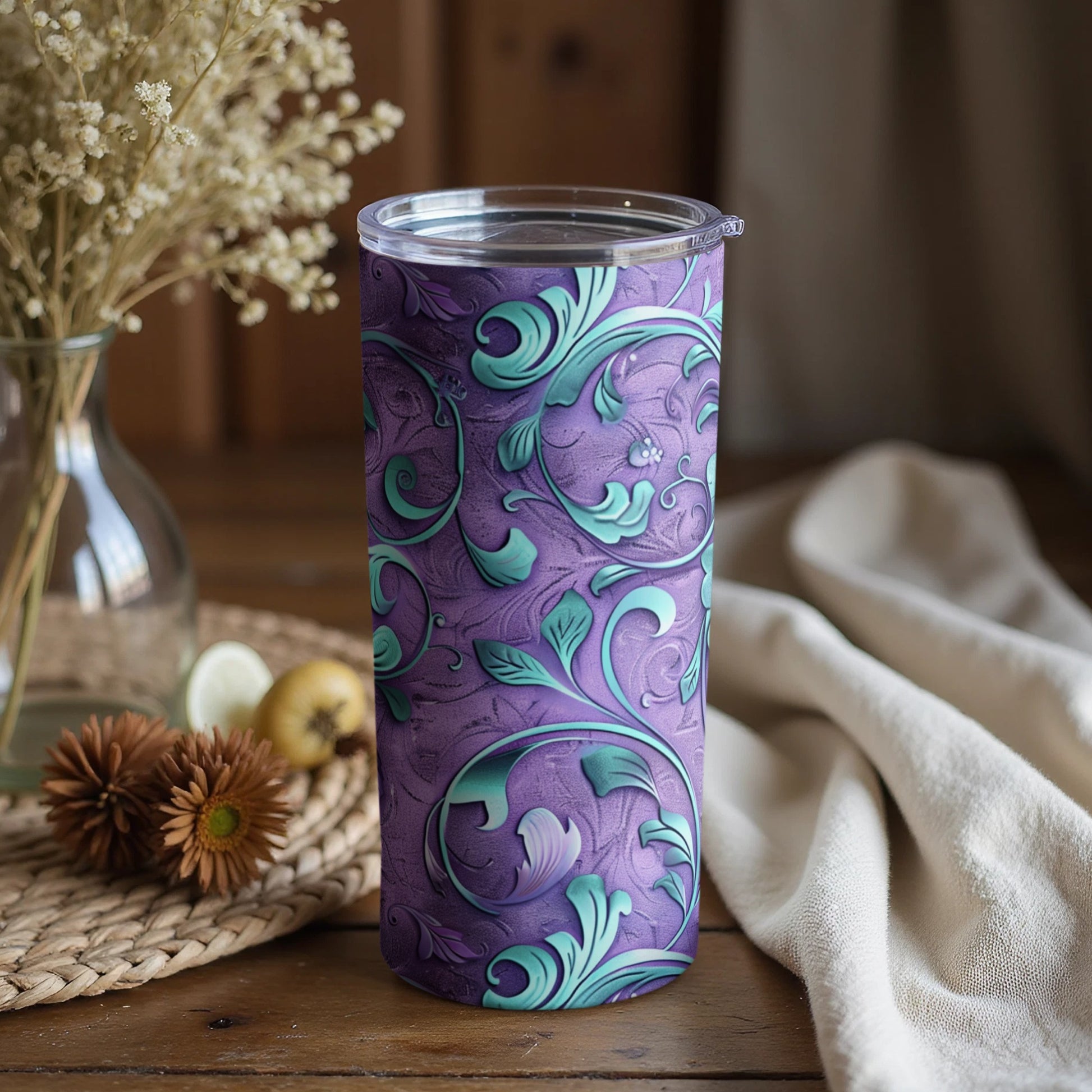 Purple and Turquoise Floral Patterned Tumbler