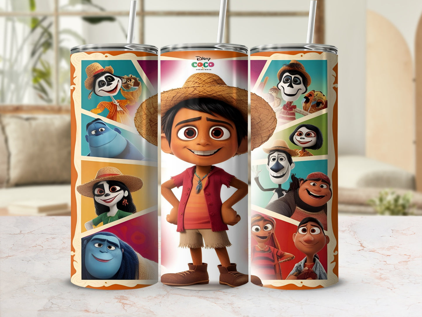 Miguel Rivera from Coco with movie characters on a patterned tumbler.