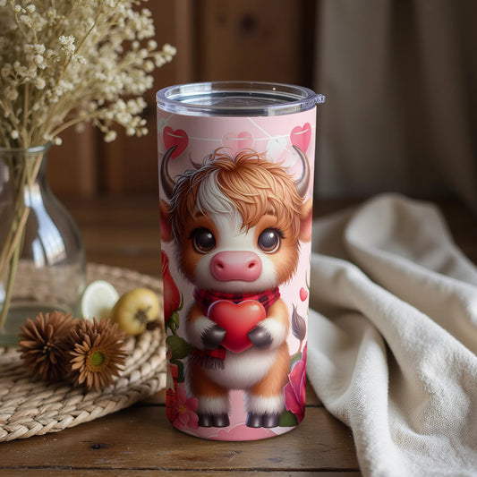 Adorable Highland Cow with Heart Travel Tumbler Cup