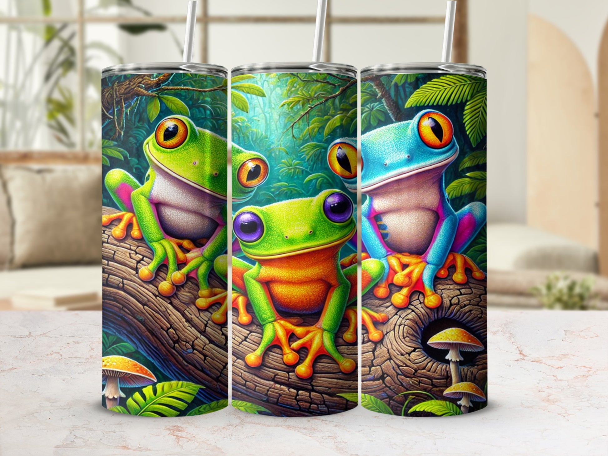 Colorful Tree Frogs on a Forest Log Tumbler Cup