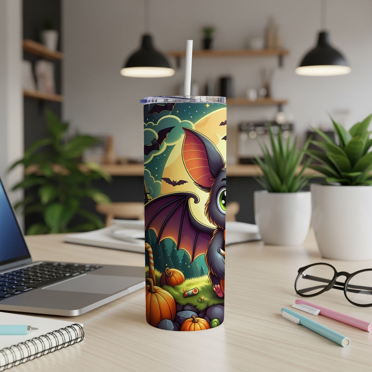Tall tumbler with a Halloween bat, pumpkins, and bats against a moonlit sky.