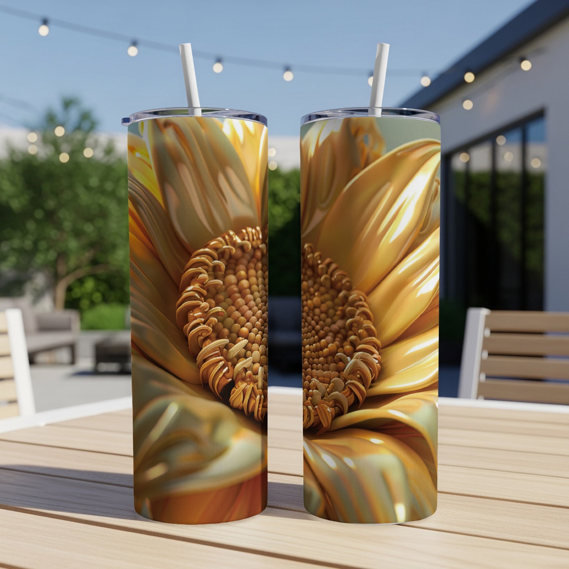 Two tumblers featuring a close-up golden sunflower design on a wooden table.