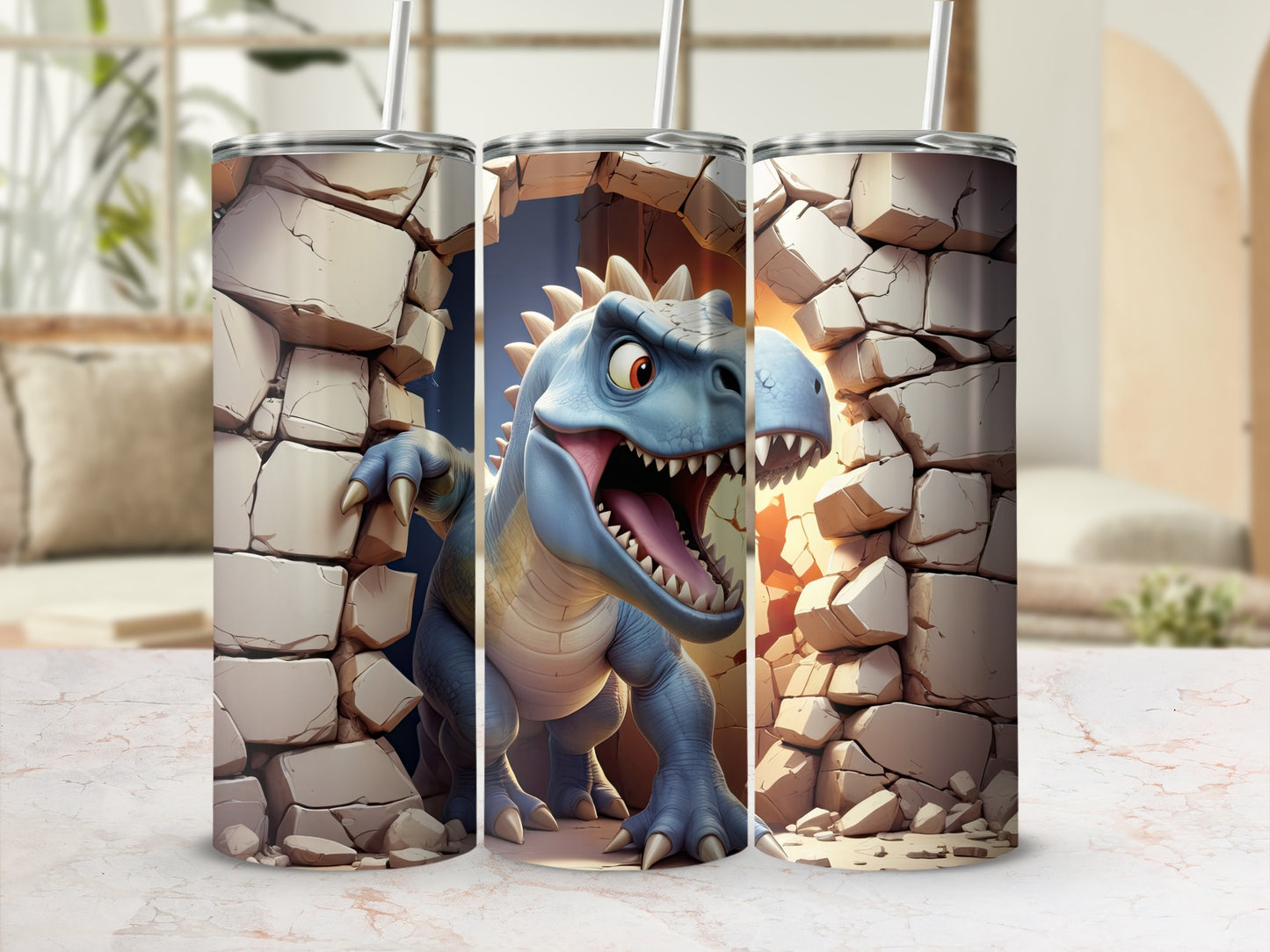 Blue dinosaur emerging from a cracked rock wall, printed on a tumbler.