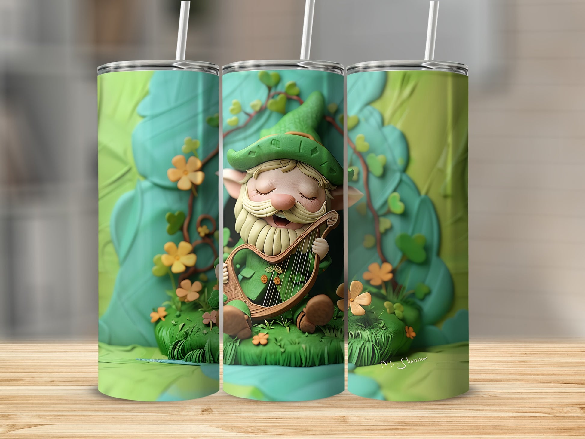 Leprechaun with harp nestled in clover and flowers on a green background.