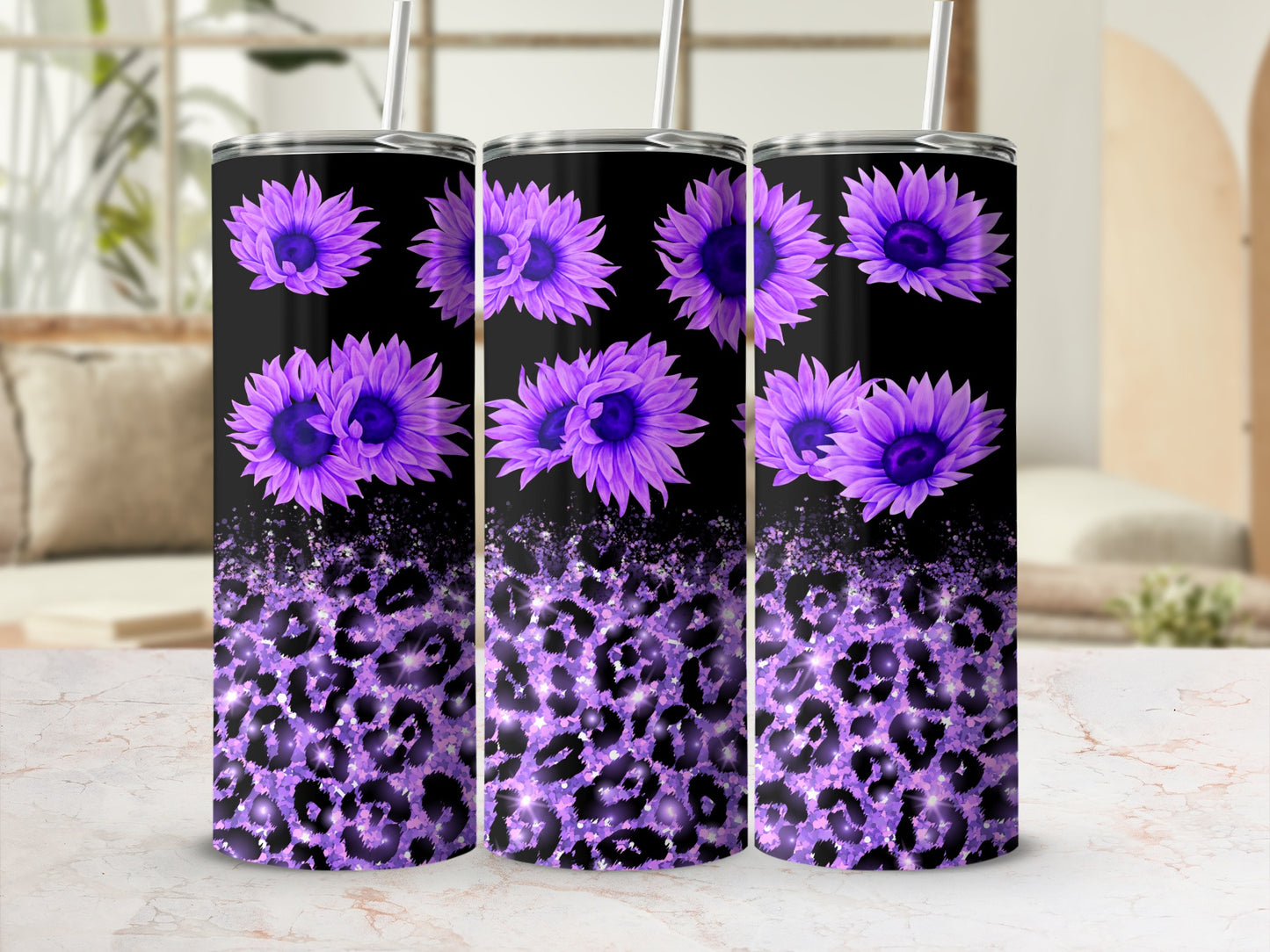 Purple sunflowers and glittery purple leopard print on a black tumbler.
