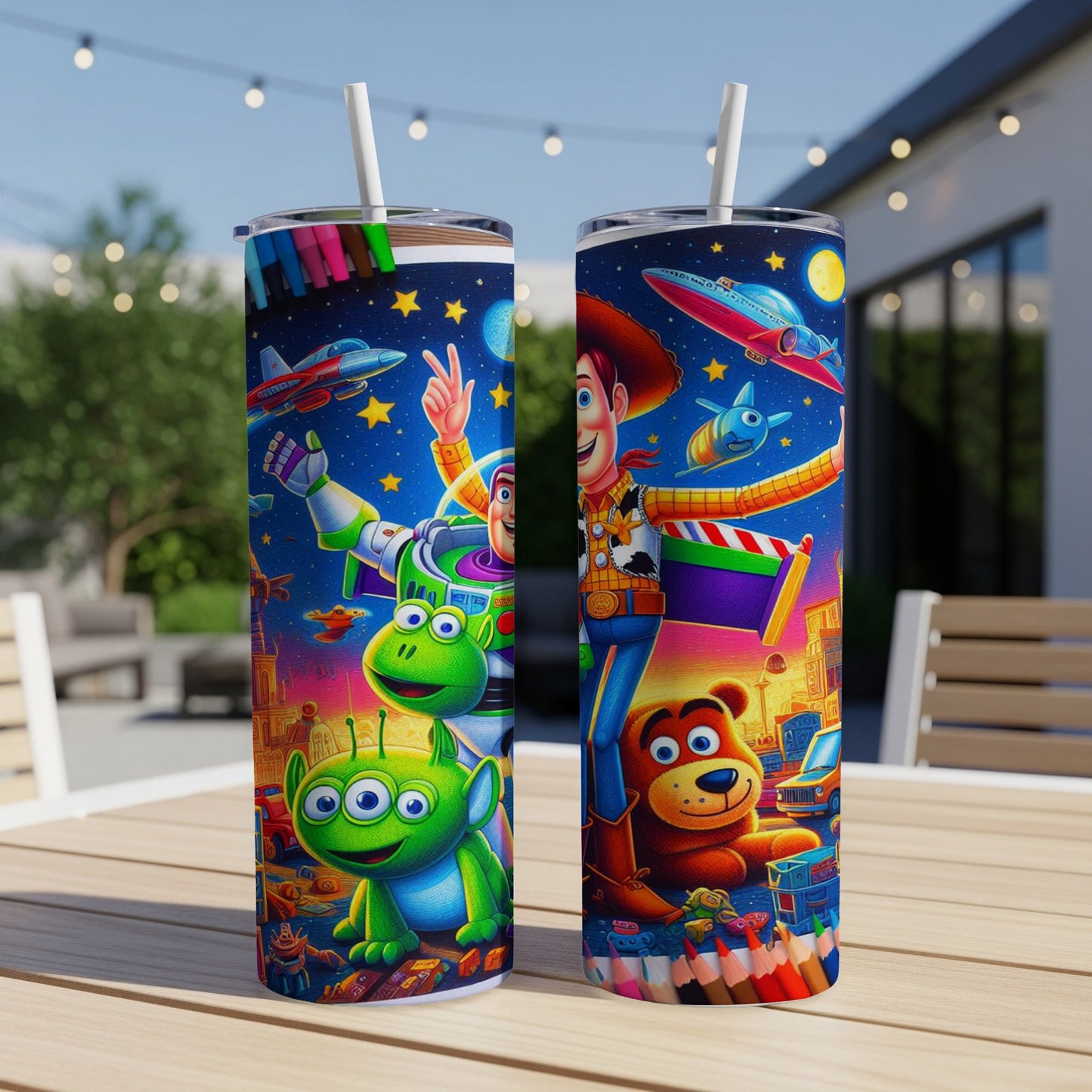 Toy Story characters Woody, Buzz Lightyear, and aliens on a colorful tumbler with pencils.