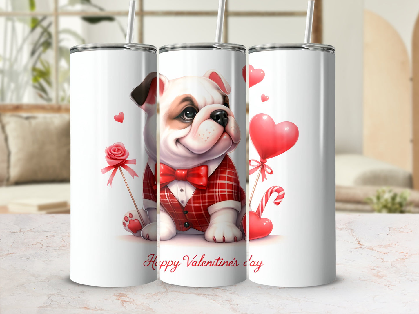 Three Valentine's Day themed tumblers with a bulldog wearing a plaid vest.